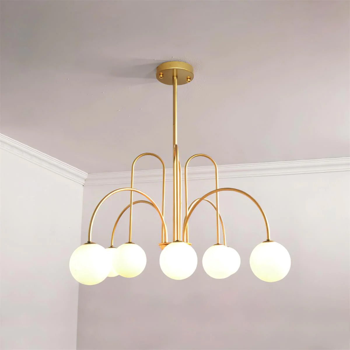 Lustra Lustre Laiton Bras Courbés Blanc Globe