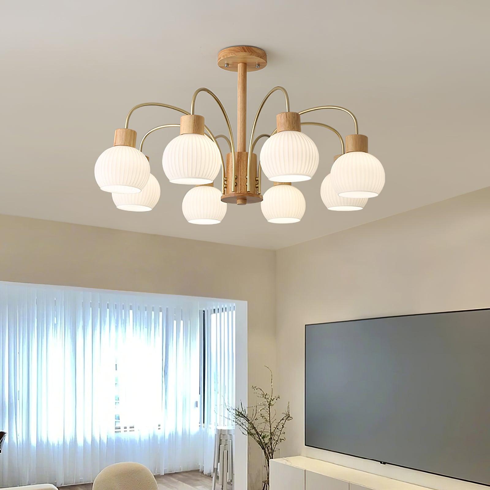 Lustra Lustre en Bois à 6 Lumières en Verre Élégant