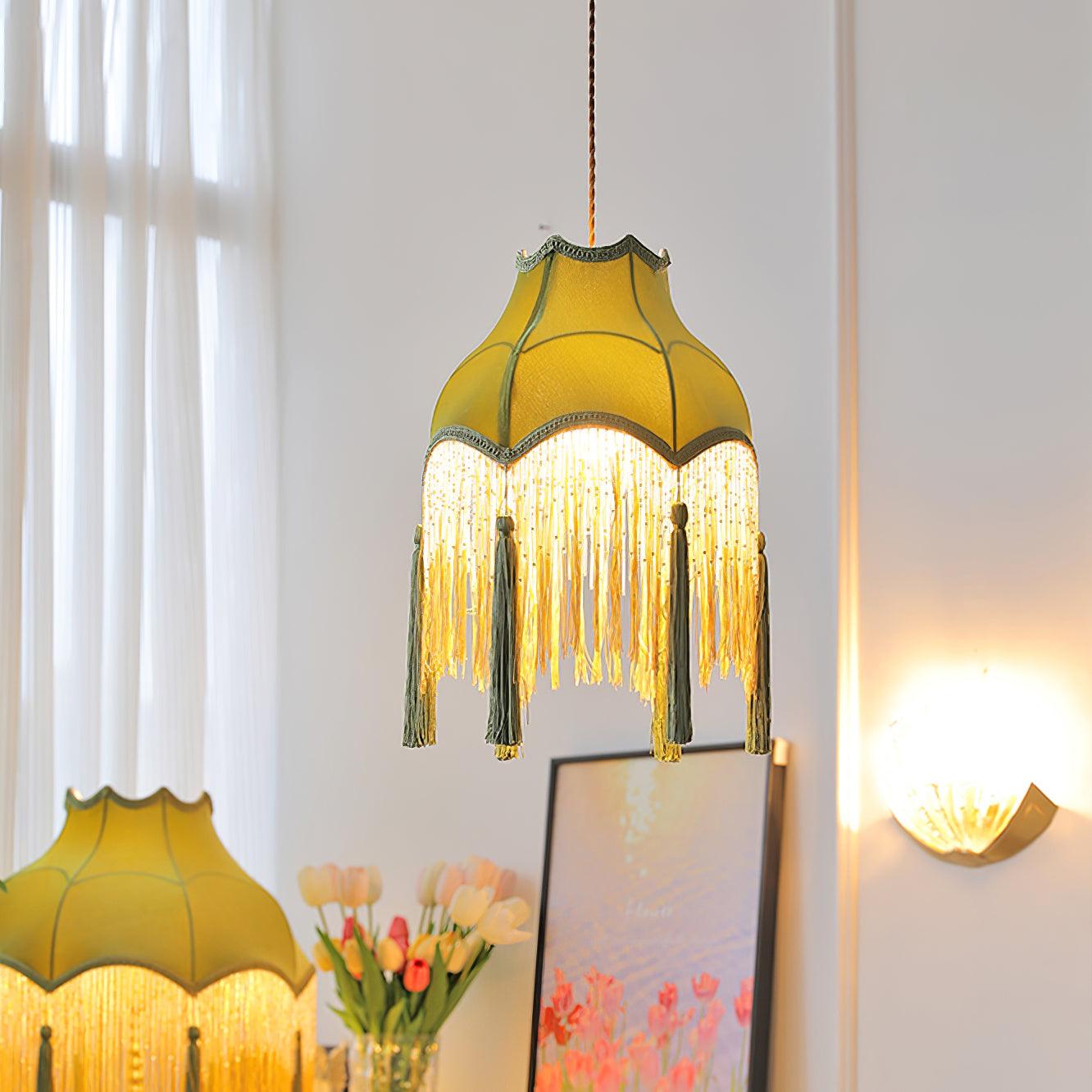 Fina Lampe Suspendue Velours Franges Vintage Élégant À Pompons