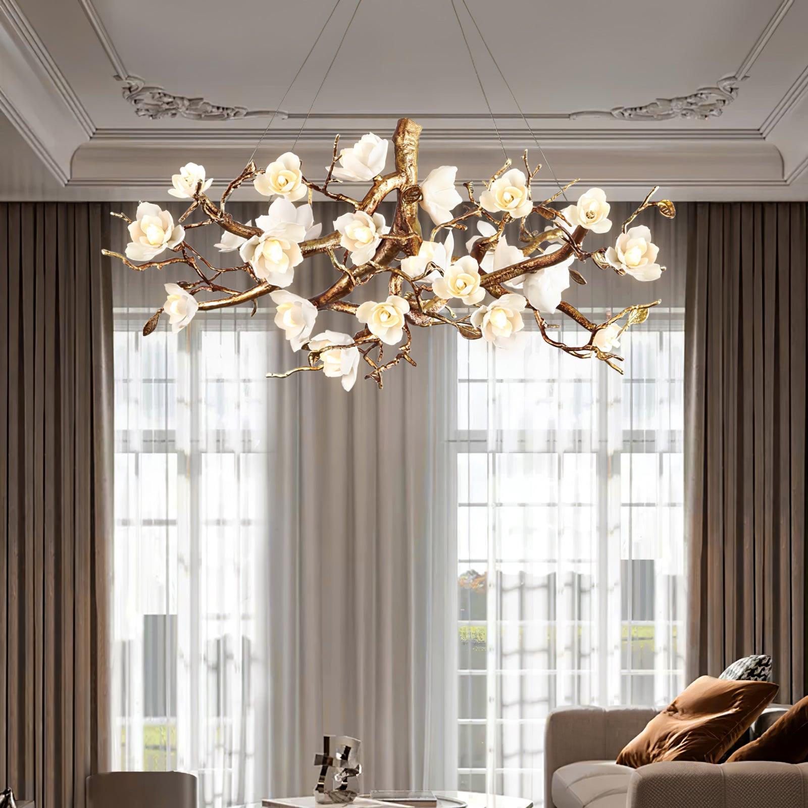 Avaros Lustre en céramique et laiton de luxe postmoderne avec branches fleuries
