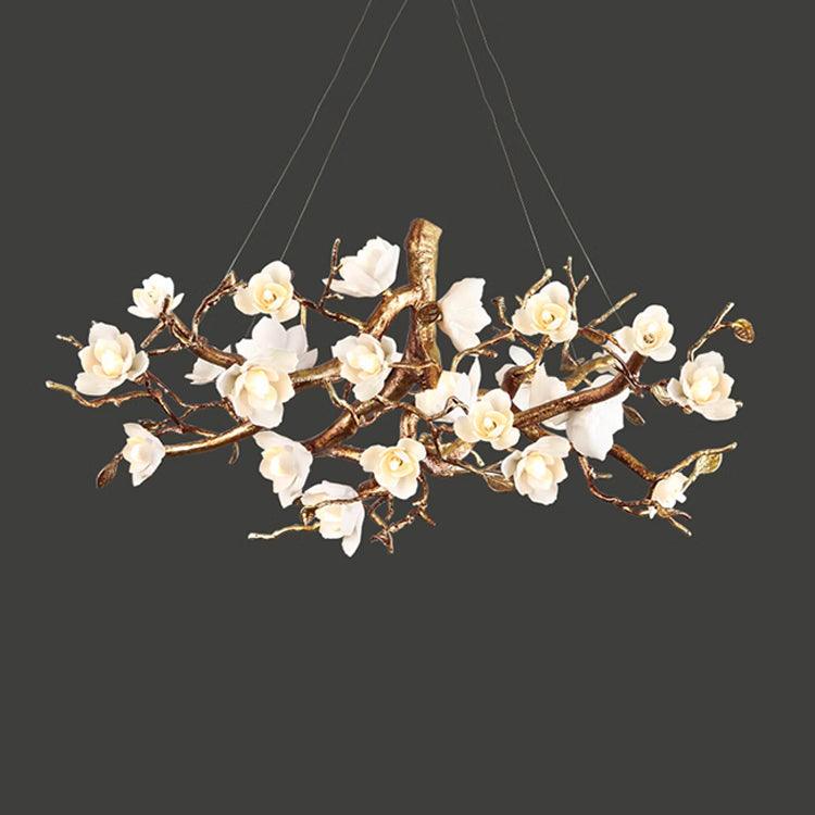 Avaros Lustre en céramique et laiton de luxe postmoderne avec branches fleuries