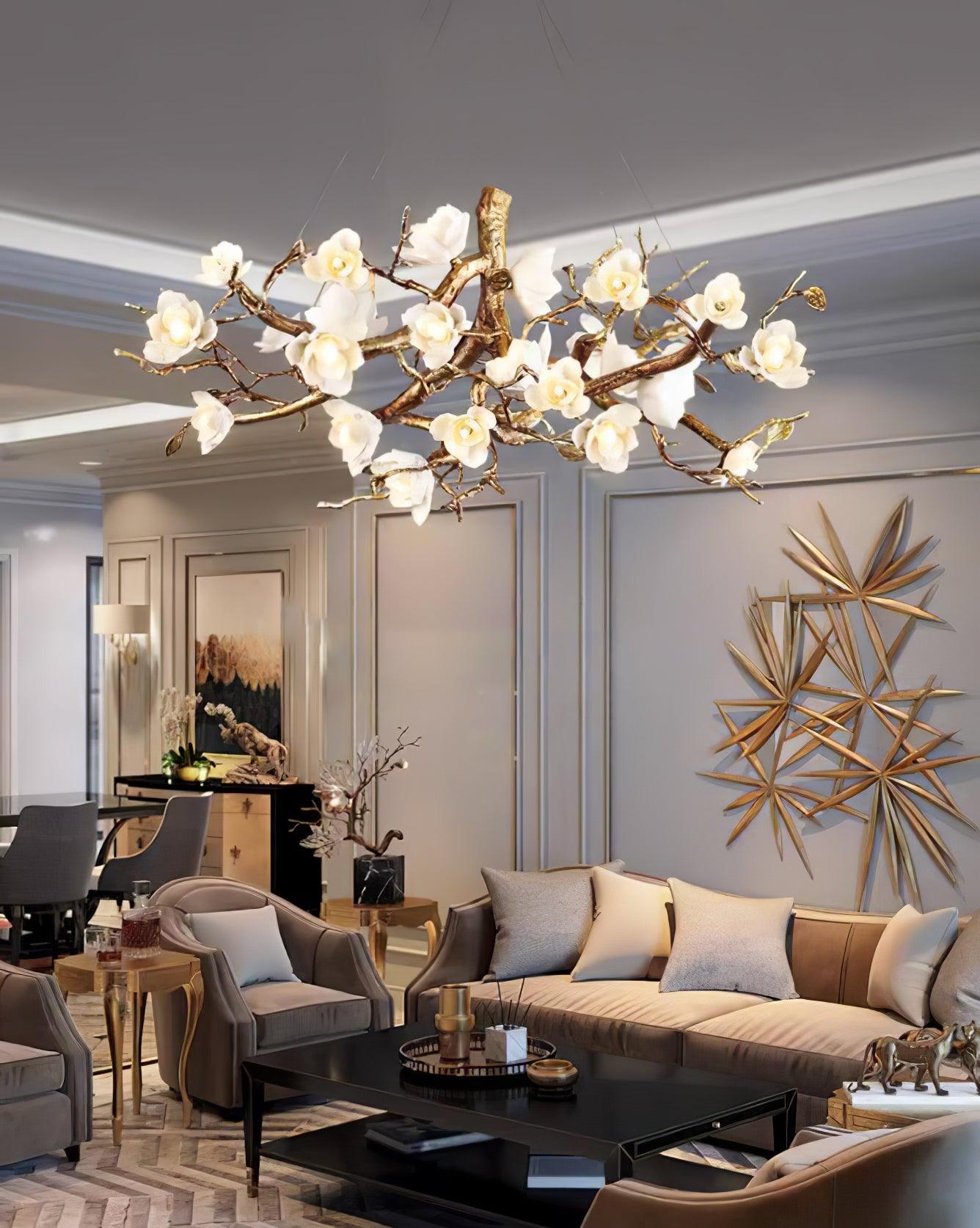 Avaros Lustre en céramique et laiton de luxe postmoderne avec branches fleuries