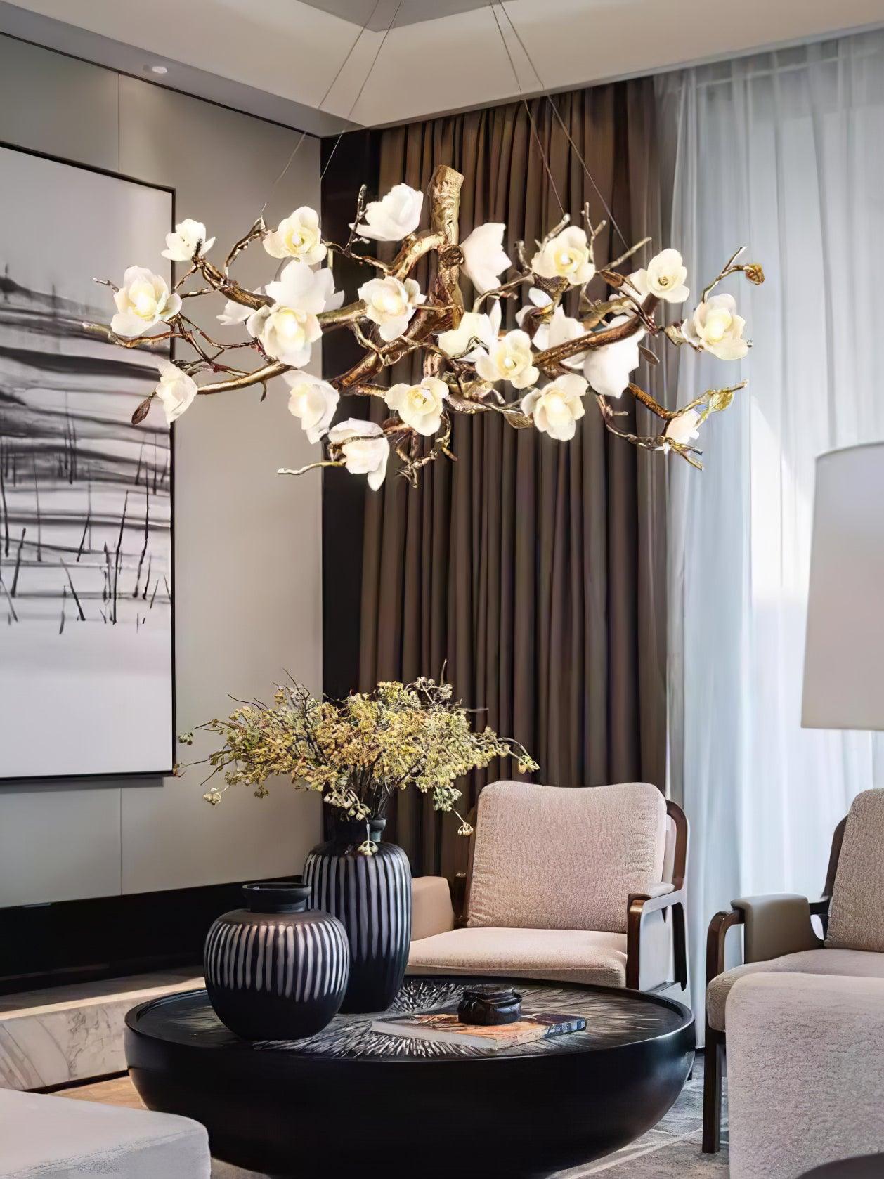 Avaros Lustre en céramique et laiton de luxe postmoderne avec branches fleuries