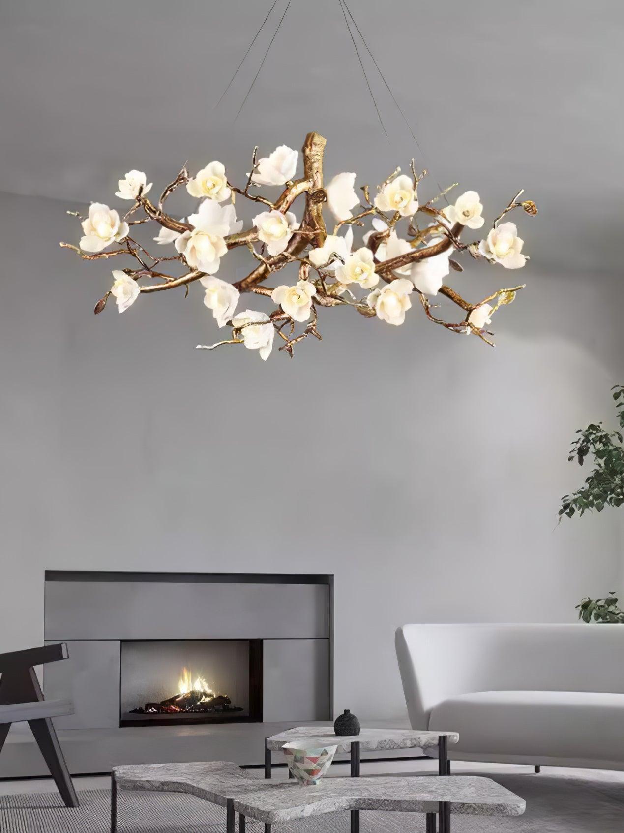Avaros Lustre en céramique et laiton de luxe postmoderne avec branches fleuries