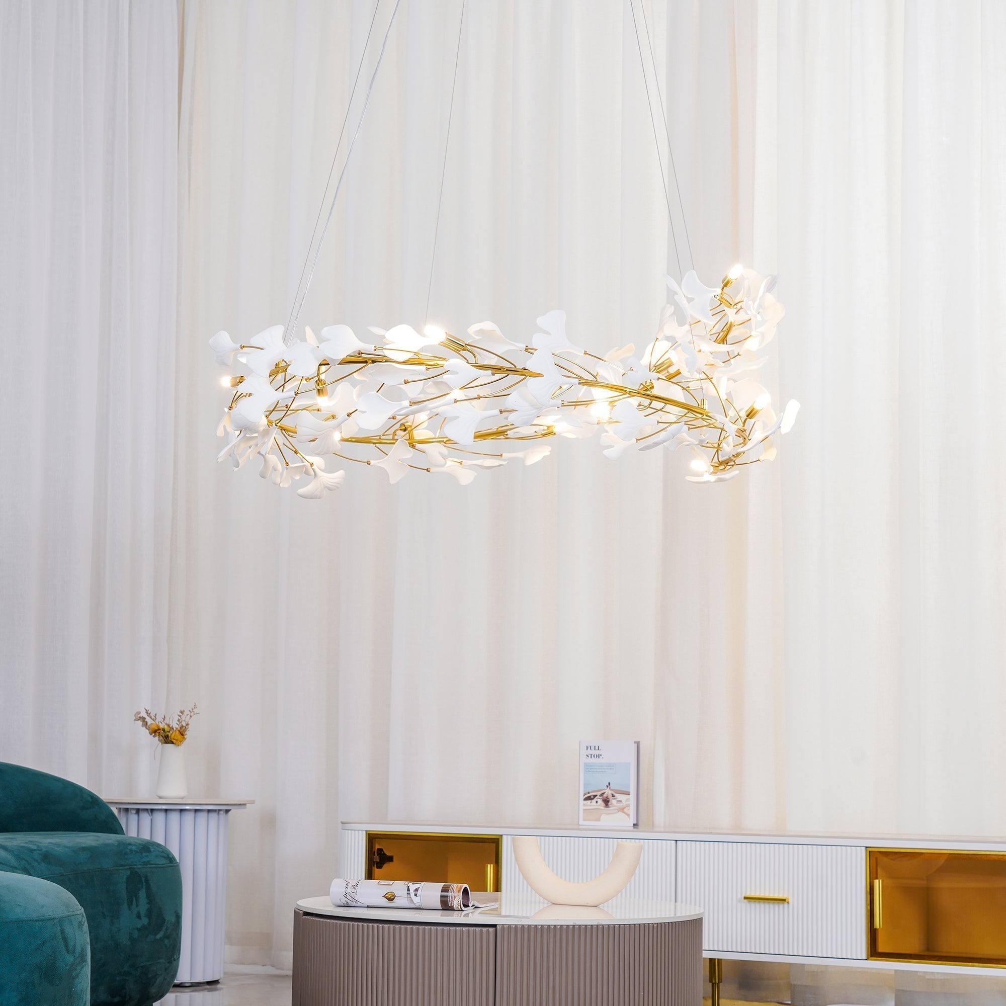 Lustra Suspension Lampe Feuilles de Gingko en Porcelaine Dorée