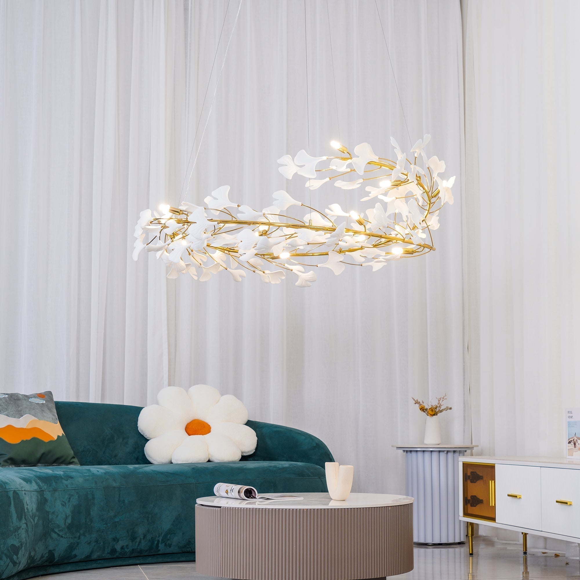 Lustra Suspension Lampe Feuilles de Gingko en Porcelaine Dorée
