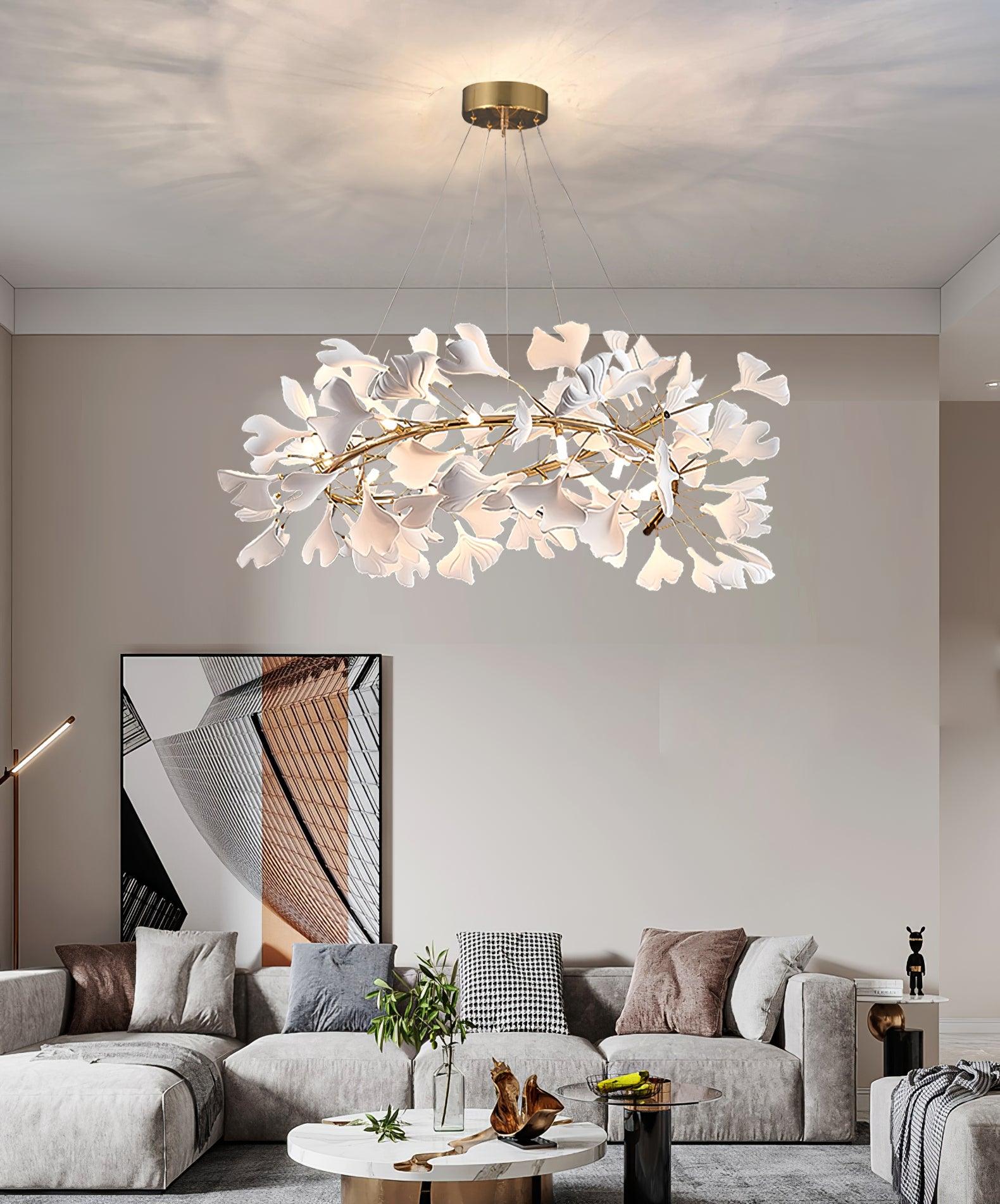 Lustra Suspension Lampe Feuilles de Gingko en Porcelaine Dorée