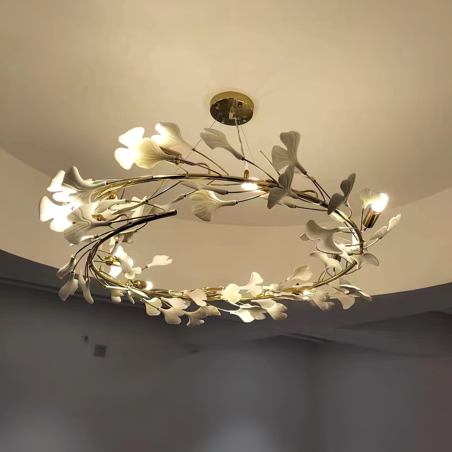 Lustra Suspension Lampe Feuilles de Gingko en Porcelaine Dorée