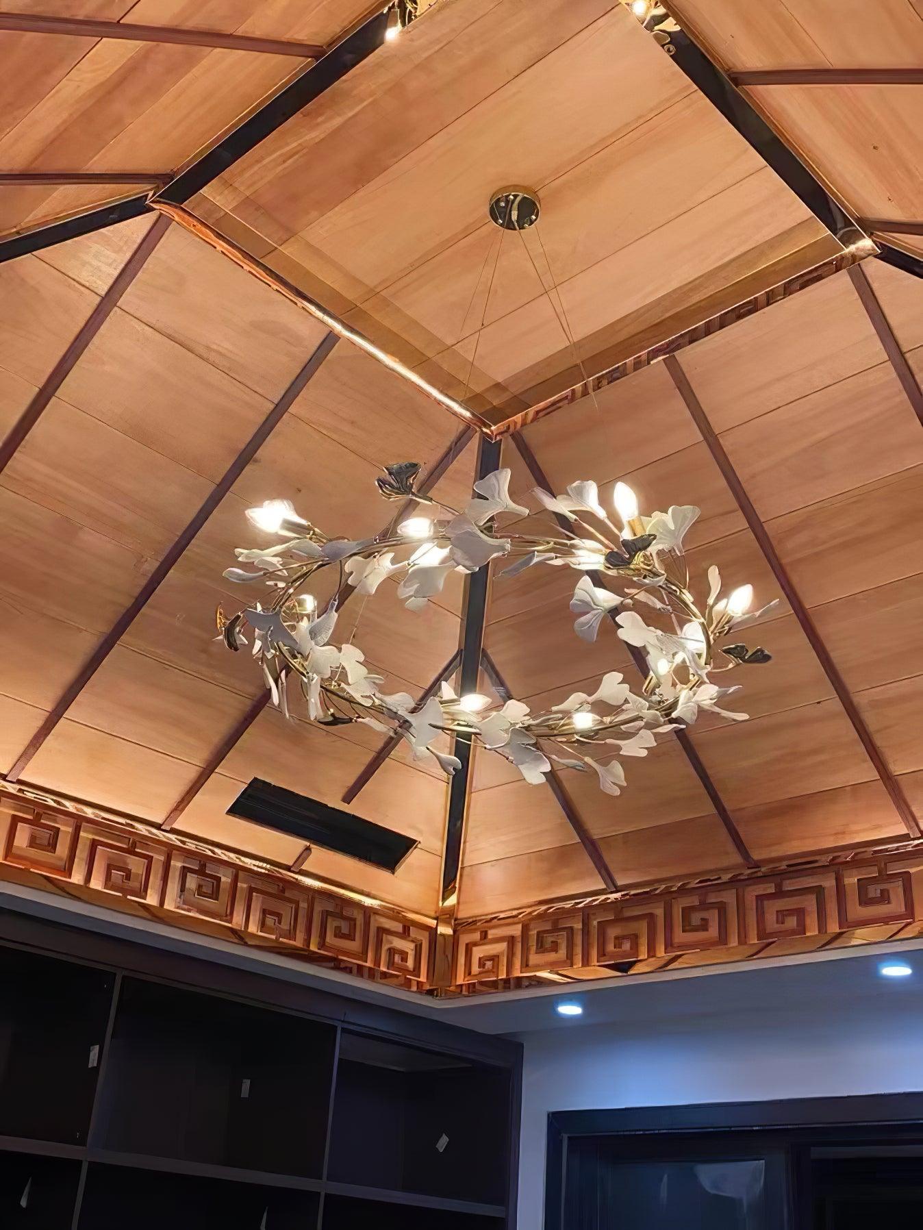 Lustra Suspension Lampe Feuilles de Gingko en Porcelaine Dorée