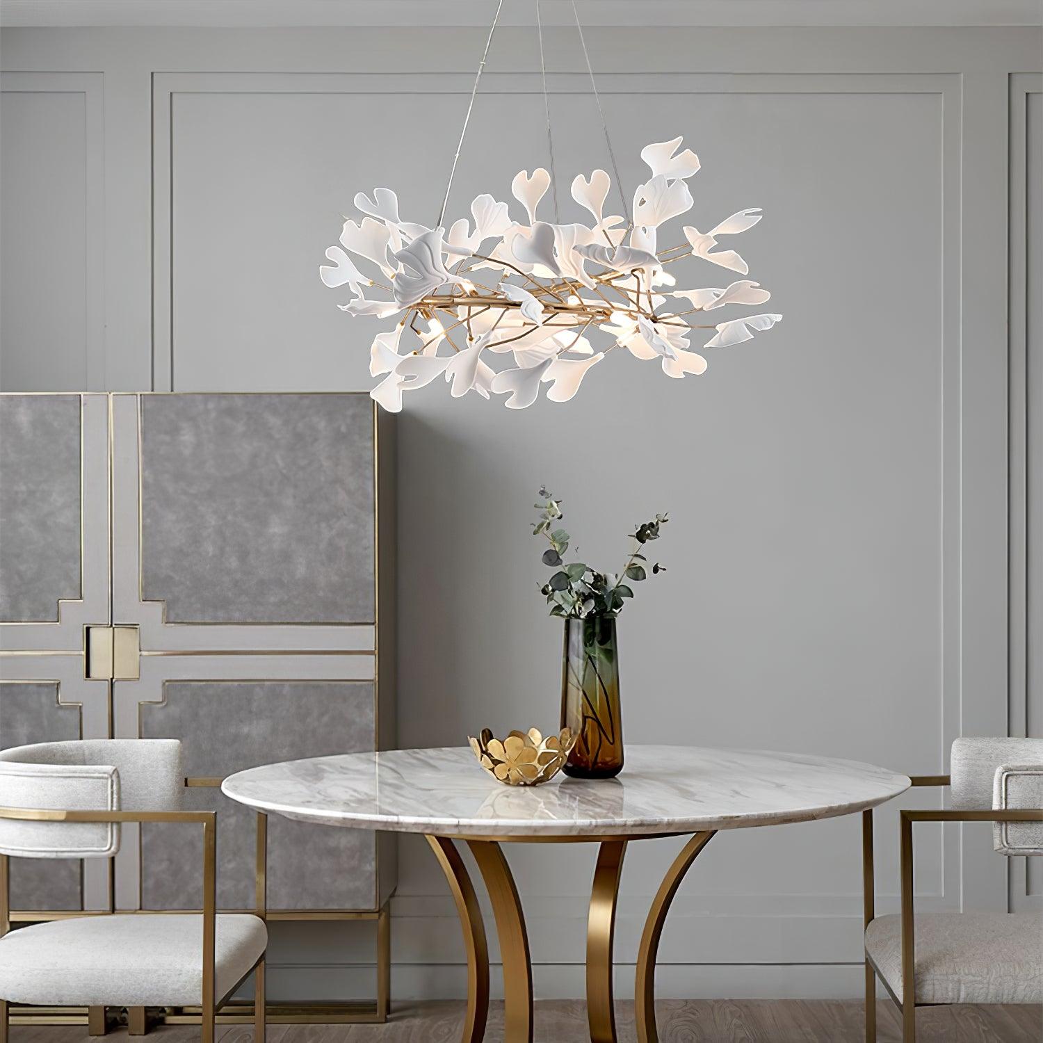 Lustra Suspension Lampe Feuilles de Gingko en Porcelaine Dorée