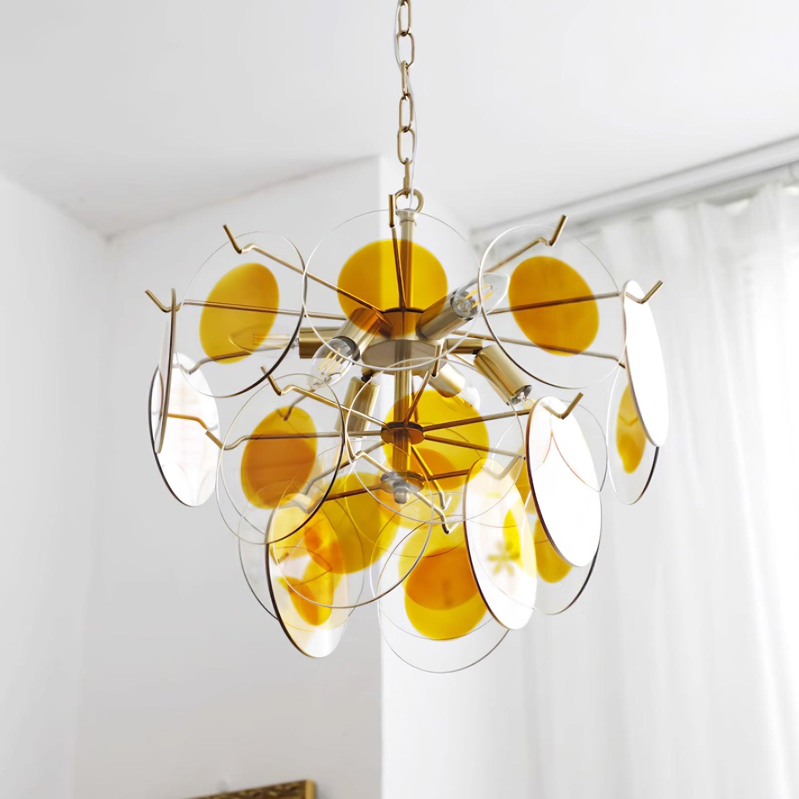 Glass Lustre Disques Caramel Cadre en Laiton Sculptural