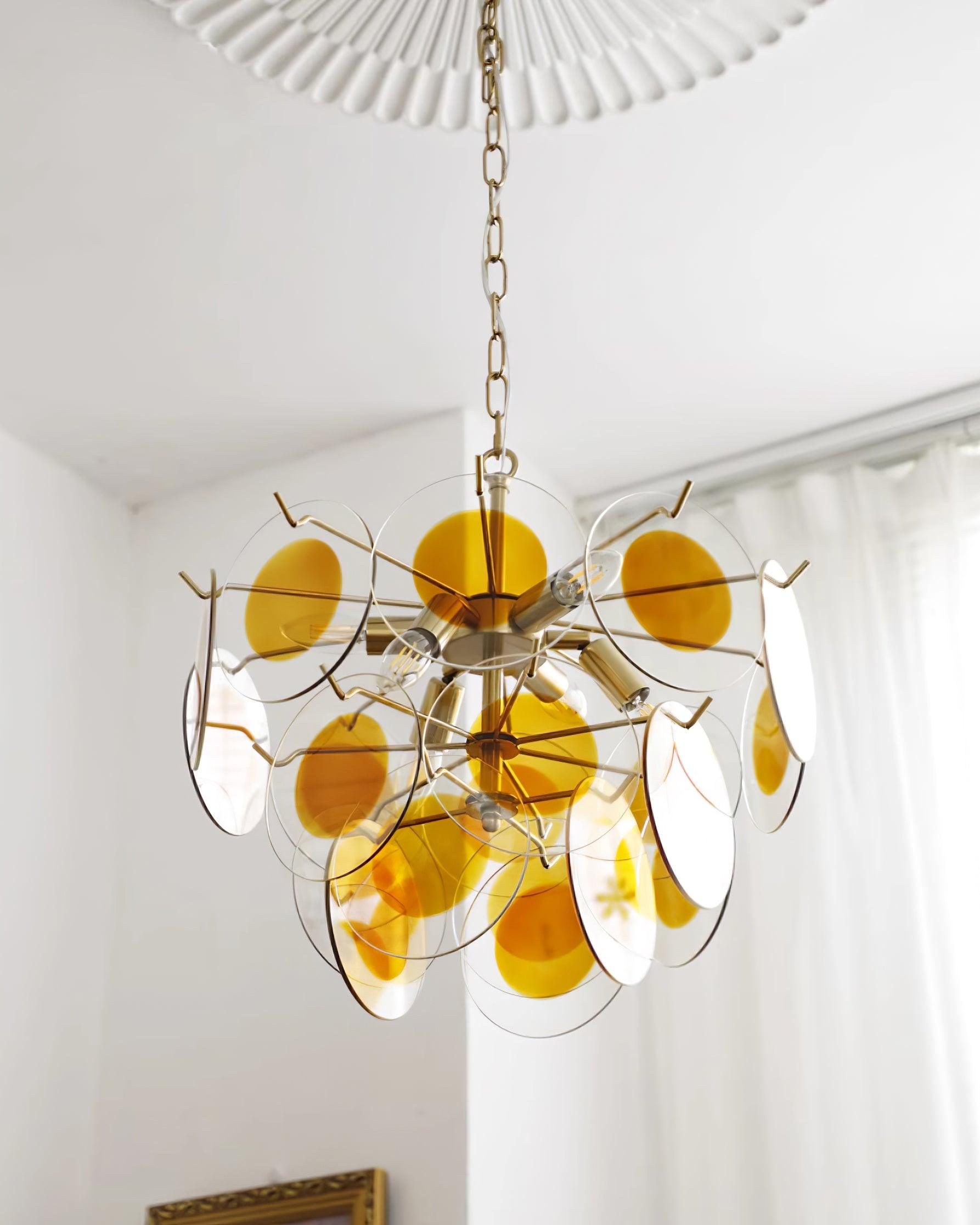 Glass Lustre Disques Caramel Cadre en Laiton Sculptural