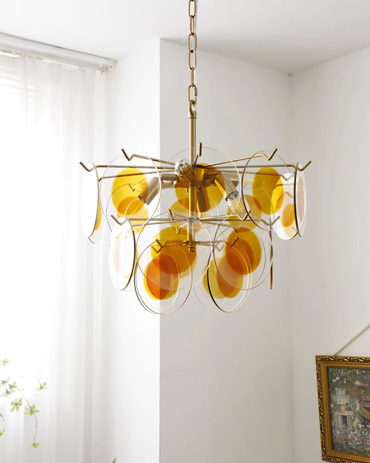 Glass Lustre Disques Caramel Cadre en Laiton Sculptural