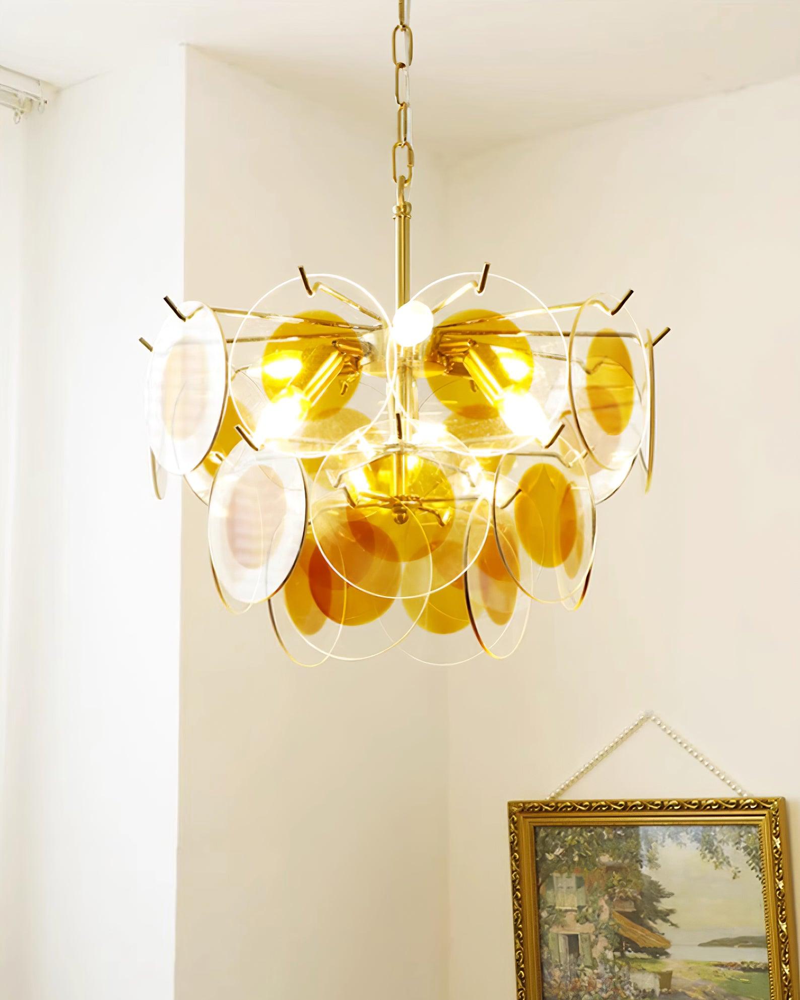 Glass Lustre Disques Caramel Cadre en Laiton Sculptural