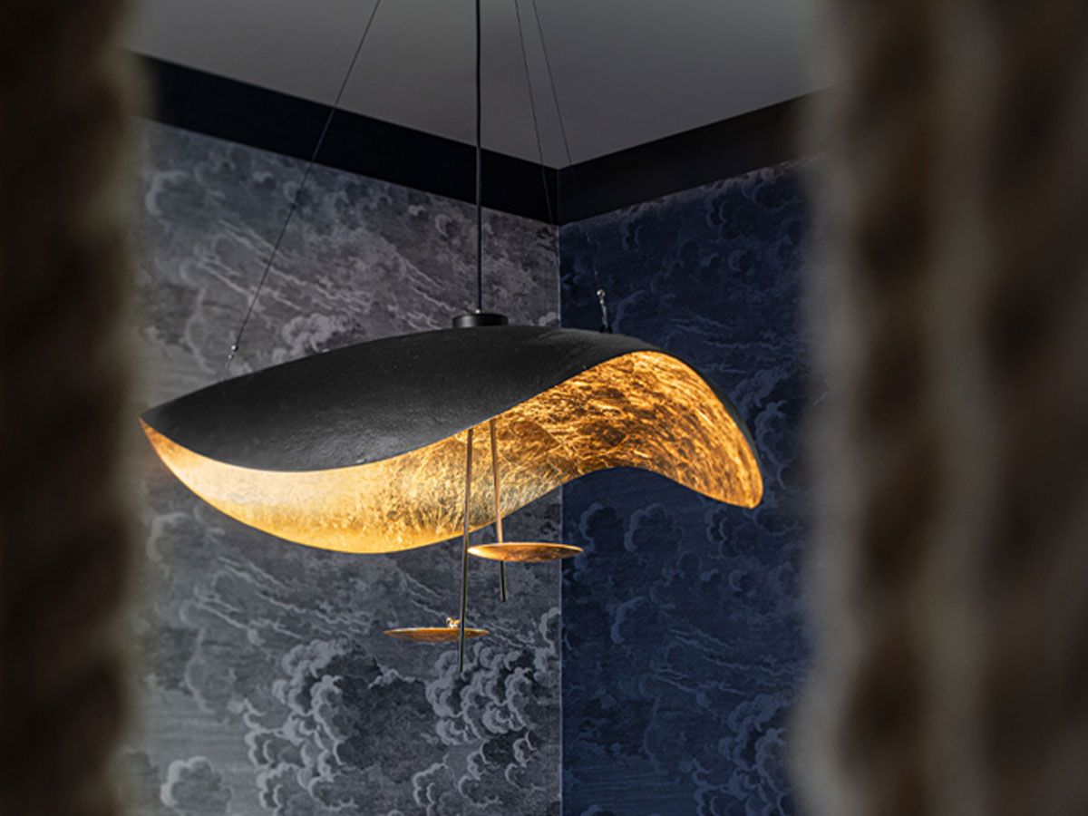 Lustra Suspension Lampe Abat-jour Courbé Noir et Or