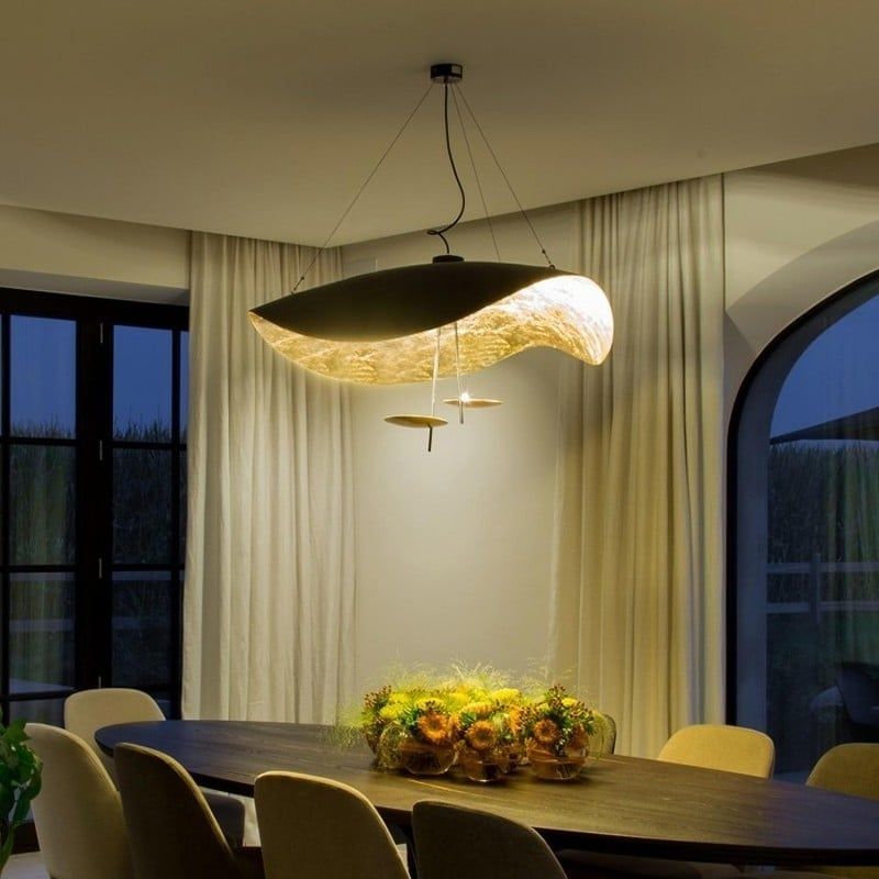 Lustra Suspension Lampe Abat-jour Courbé Noir et Or