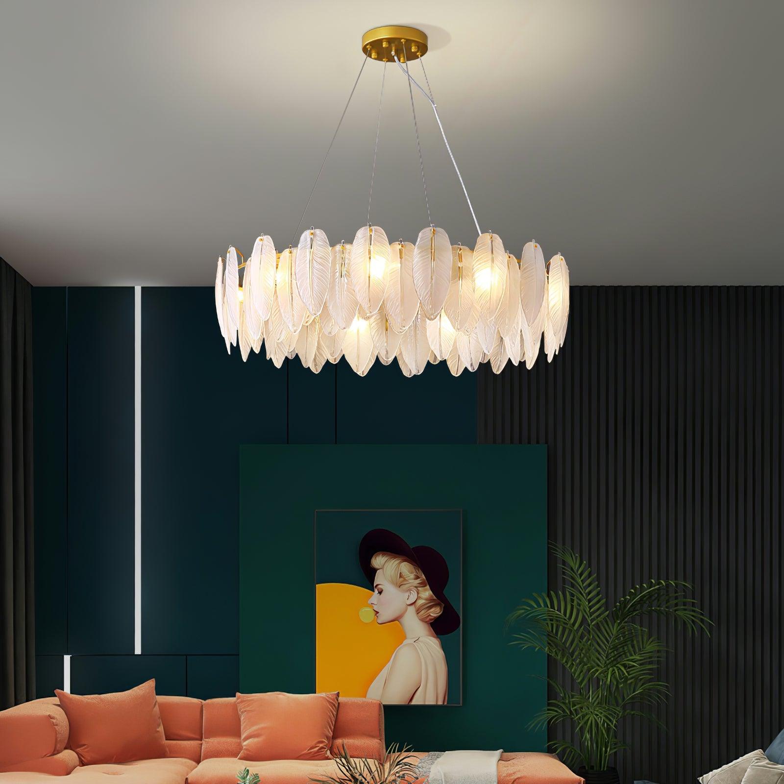 Lustra Lustre en Plumes et Verre Givré Superposé