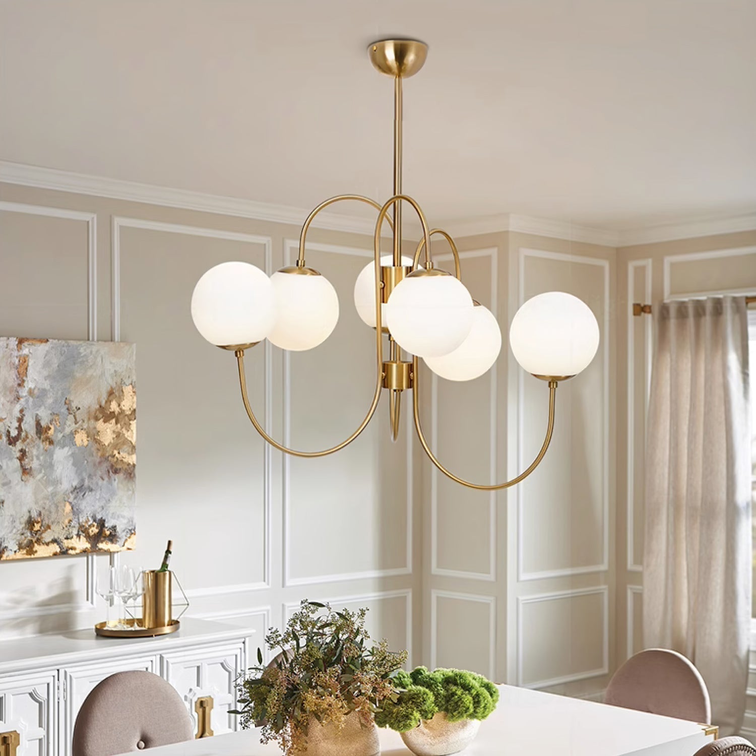 Lustra Lustre en Laiton avec Globe et Bras Courbés