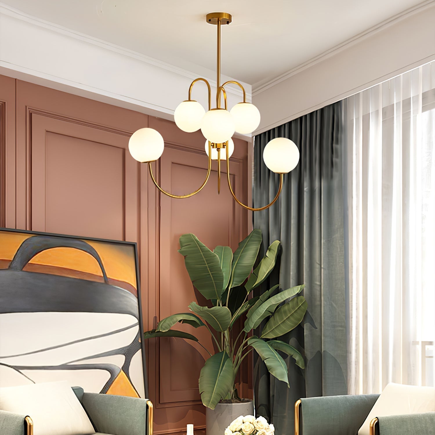 Lustra Lustre en Laiton avec Globe et Bras Courbés