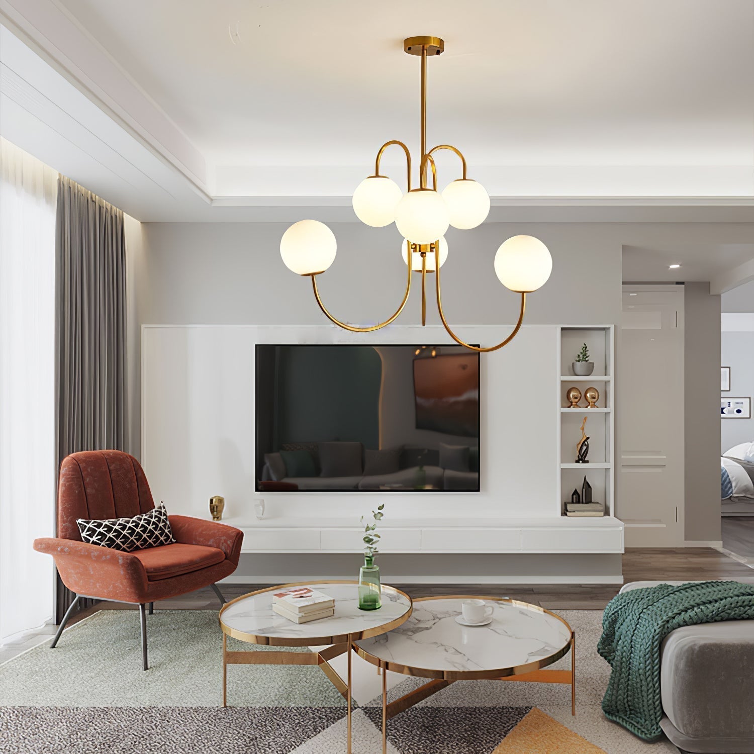 Lustra Lustre en Laiton avec Globe et Bras Courbés