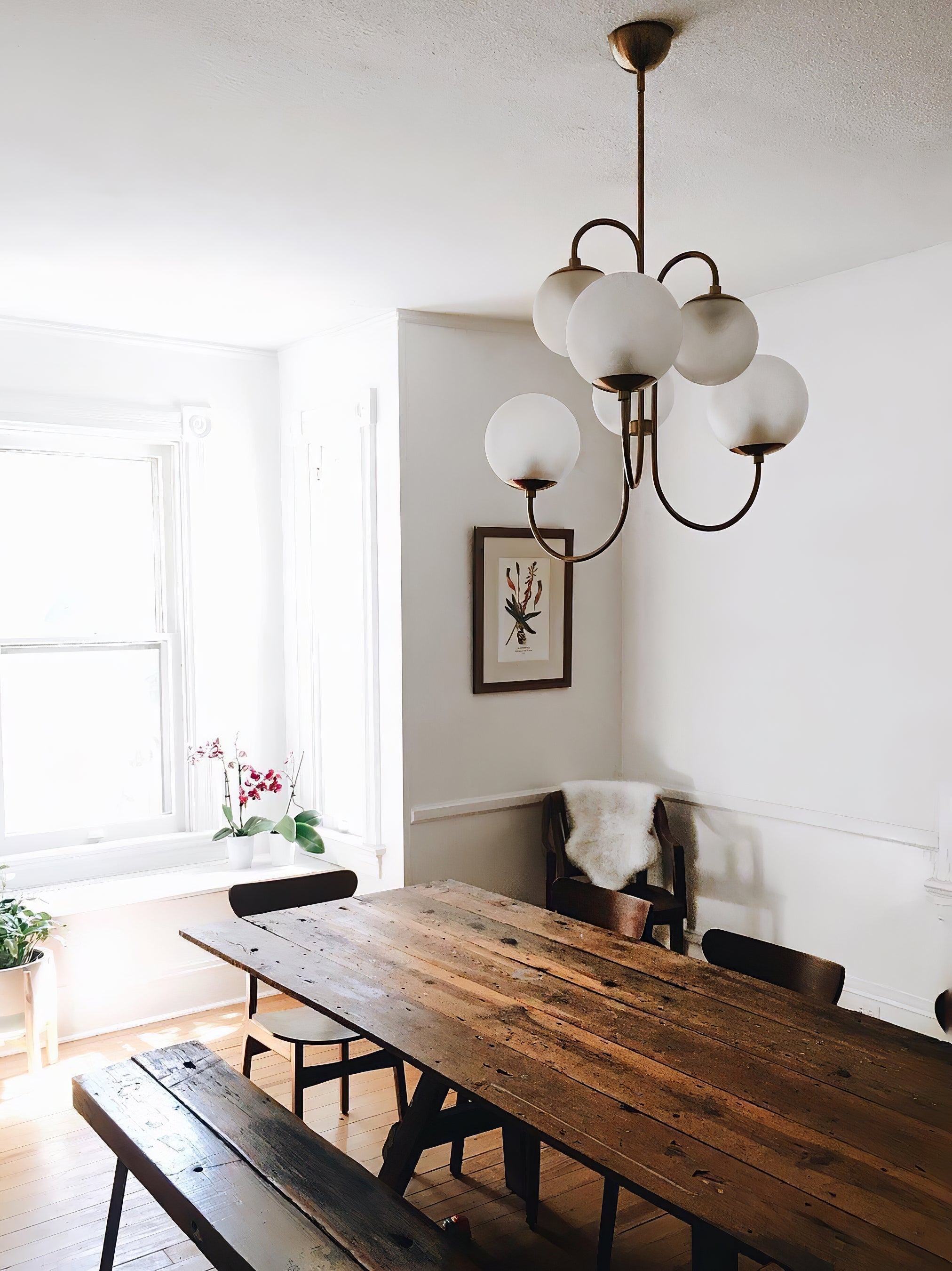 Lustra Lustre en Laiton avec Globe et Bras Courbés