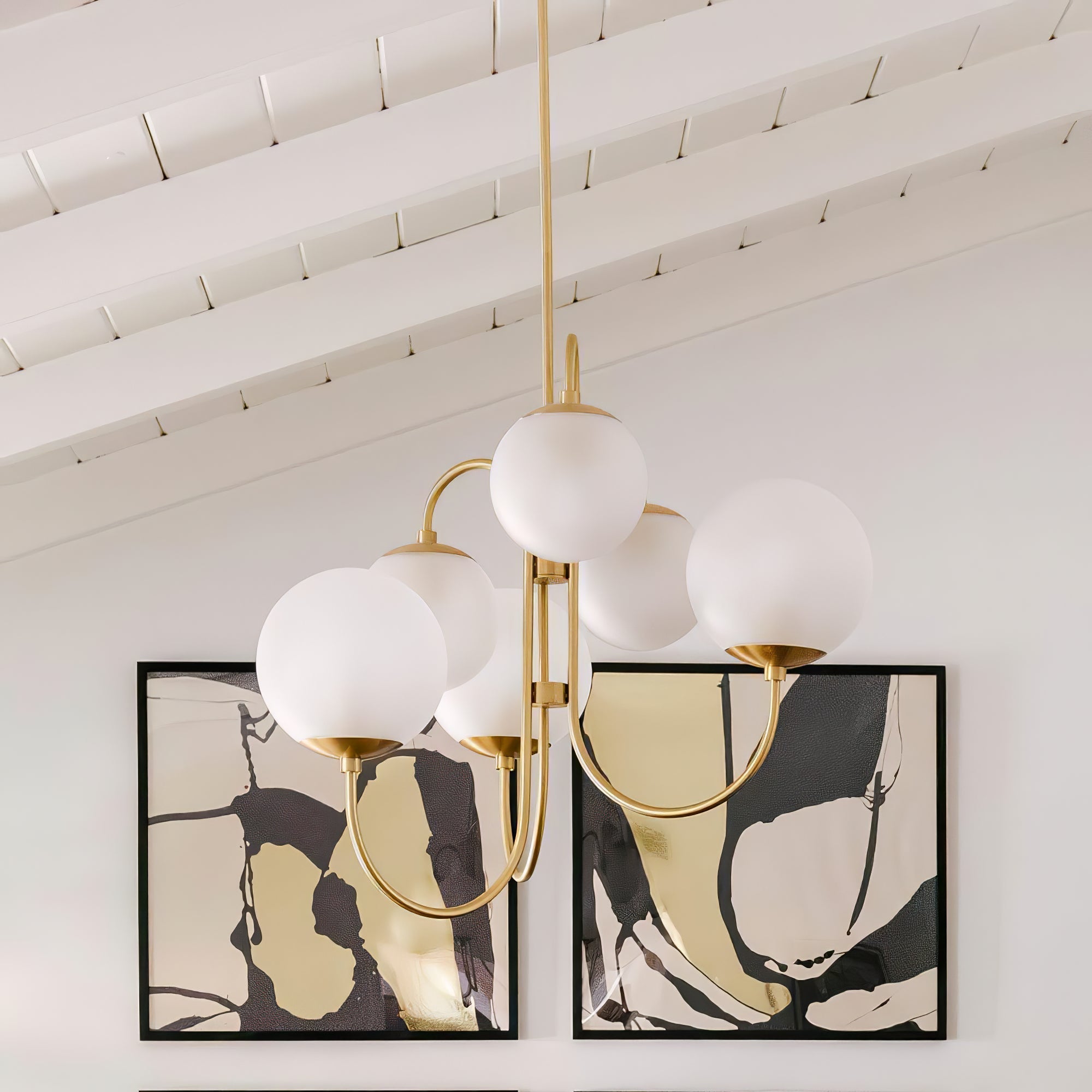Lustra Lustre en Laiton avec Globe et Bras Courbés
