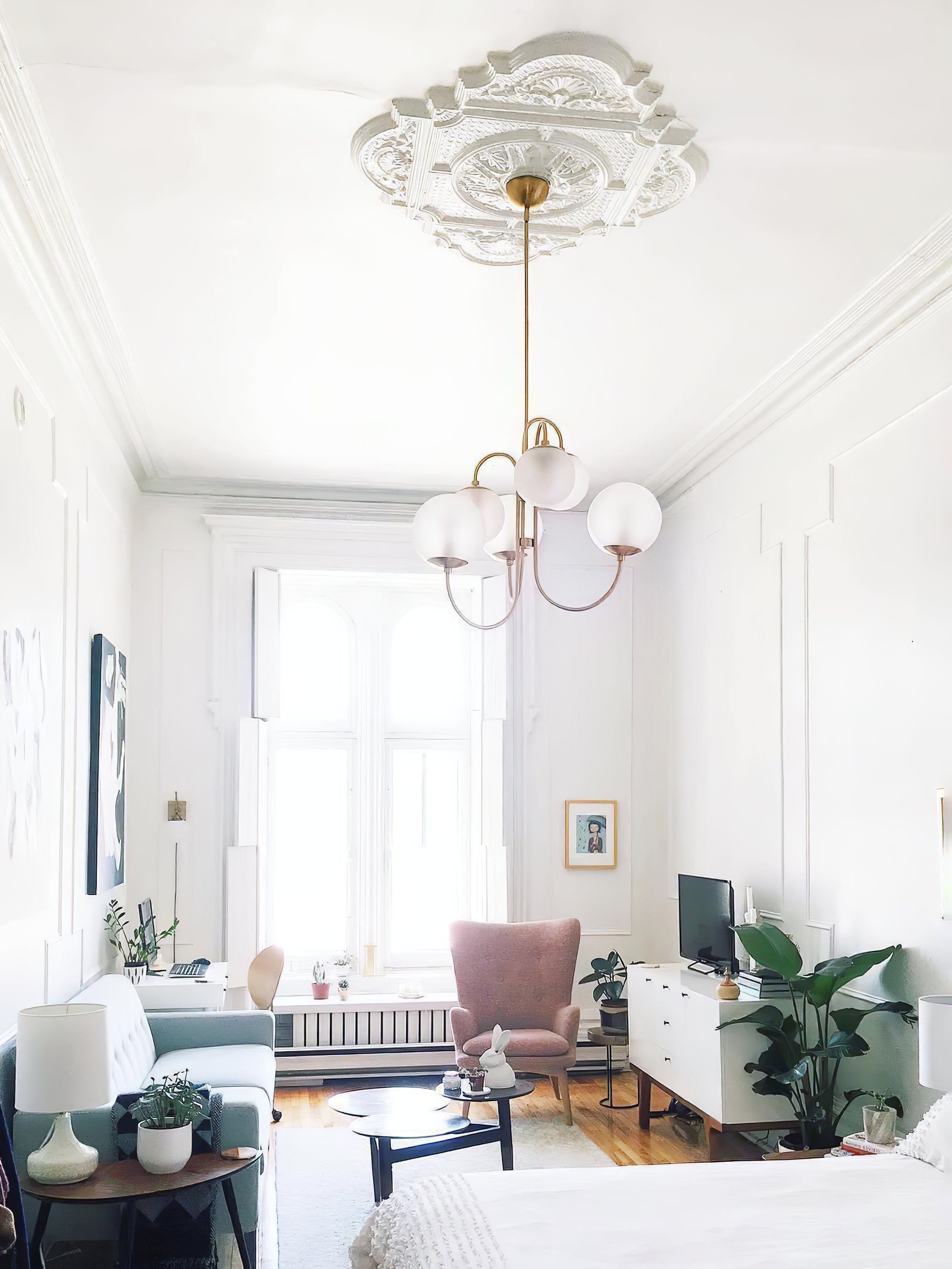 Lustra Lustre en Laiton avec Globe et Bras Courbés