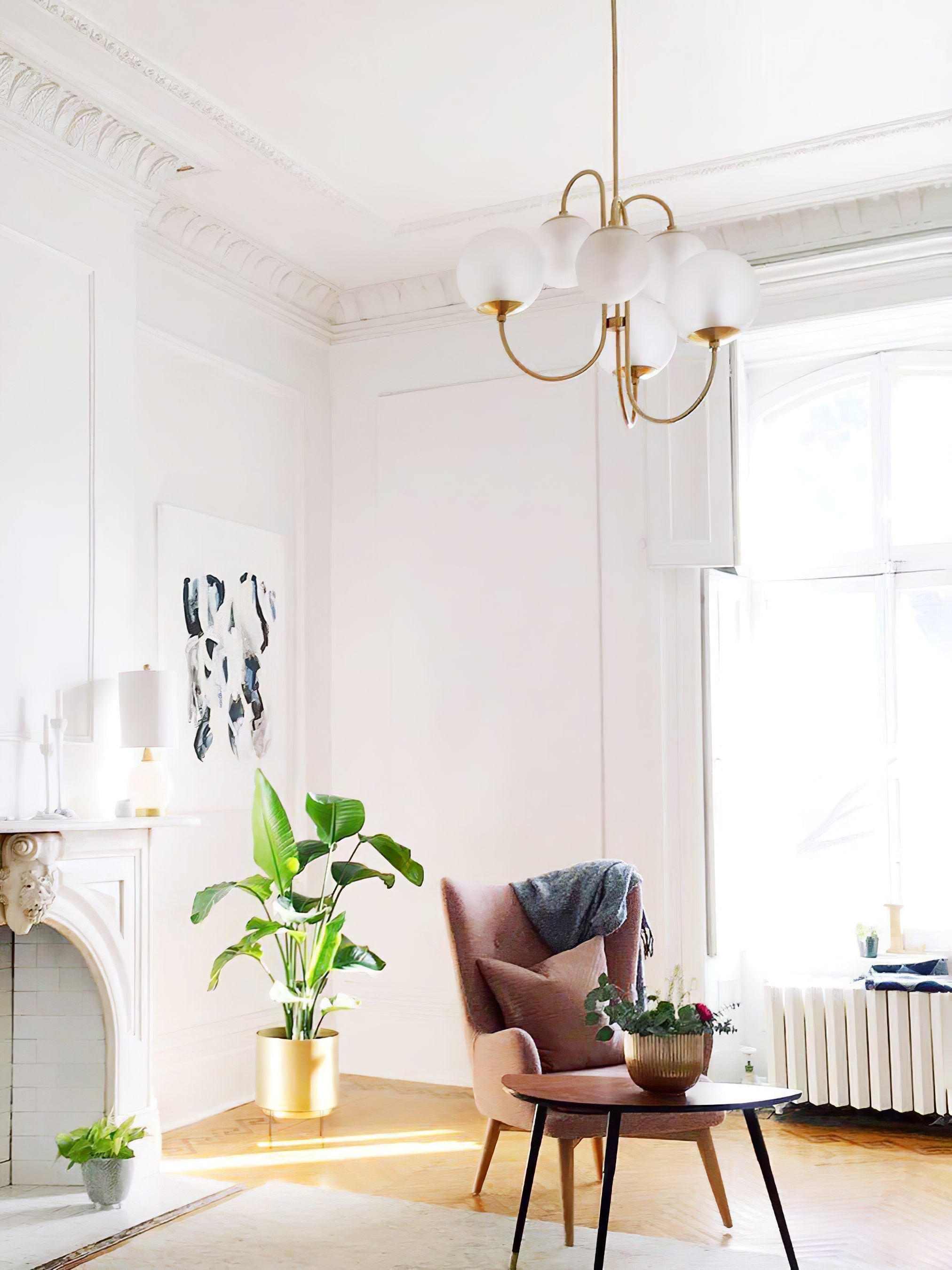 Lustra Lustre en Laiton avec Globe et Bras Courbés