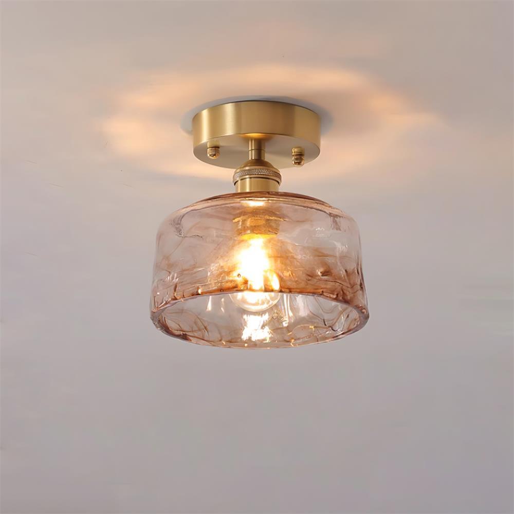 Lampe de Plafond Abat-jour en Verre Ambre Tourbillonné Laiton Industriel Vintage