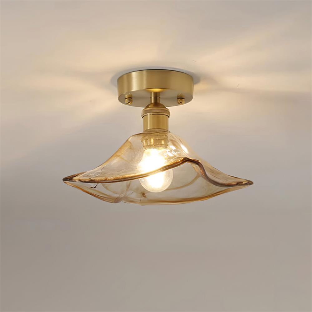 Lampe de Plafond Abat-jour en Verre Ambre Tourbillonné Laiton Industriel Vintage