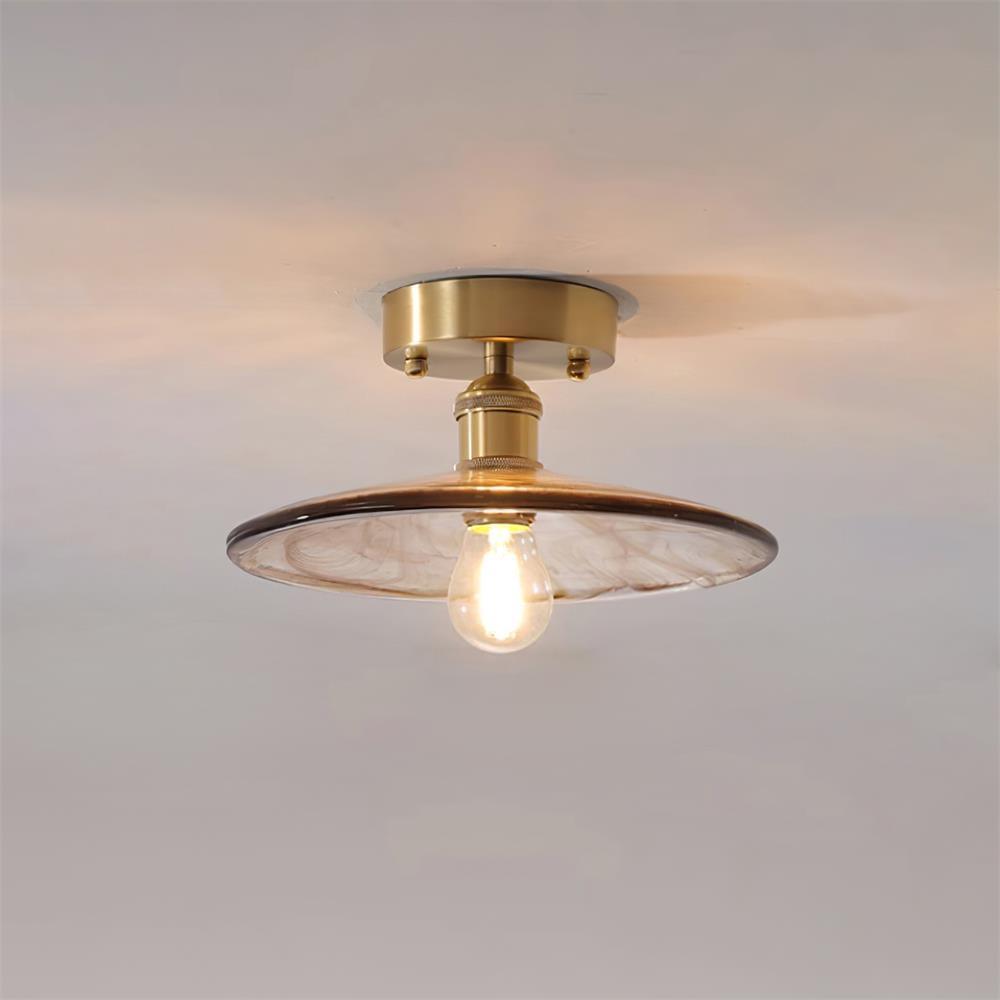 Lampe de Plafond Abat-jour en Verre Ambre Tourbillonné Laiton Industriel Vintage