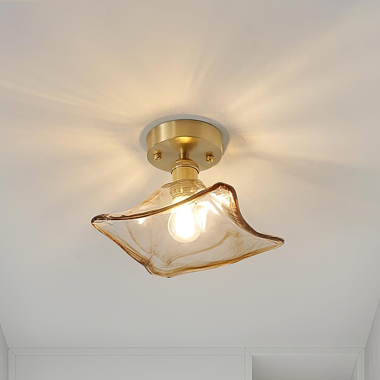 Lampe de Plafond Abat-jour en Verre Ambre Tourbillonné Laiton Industriel Vintage
