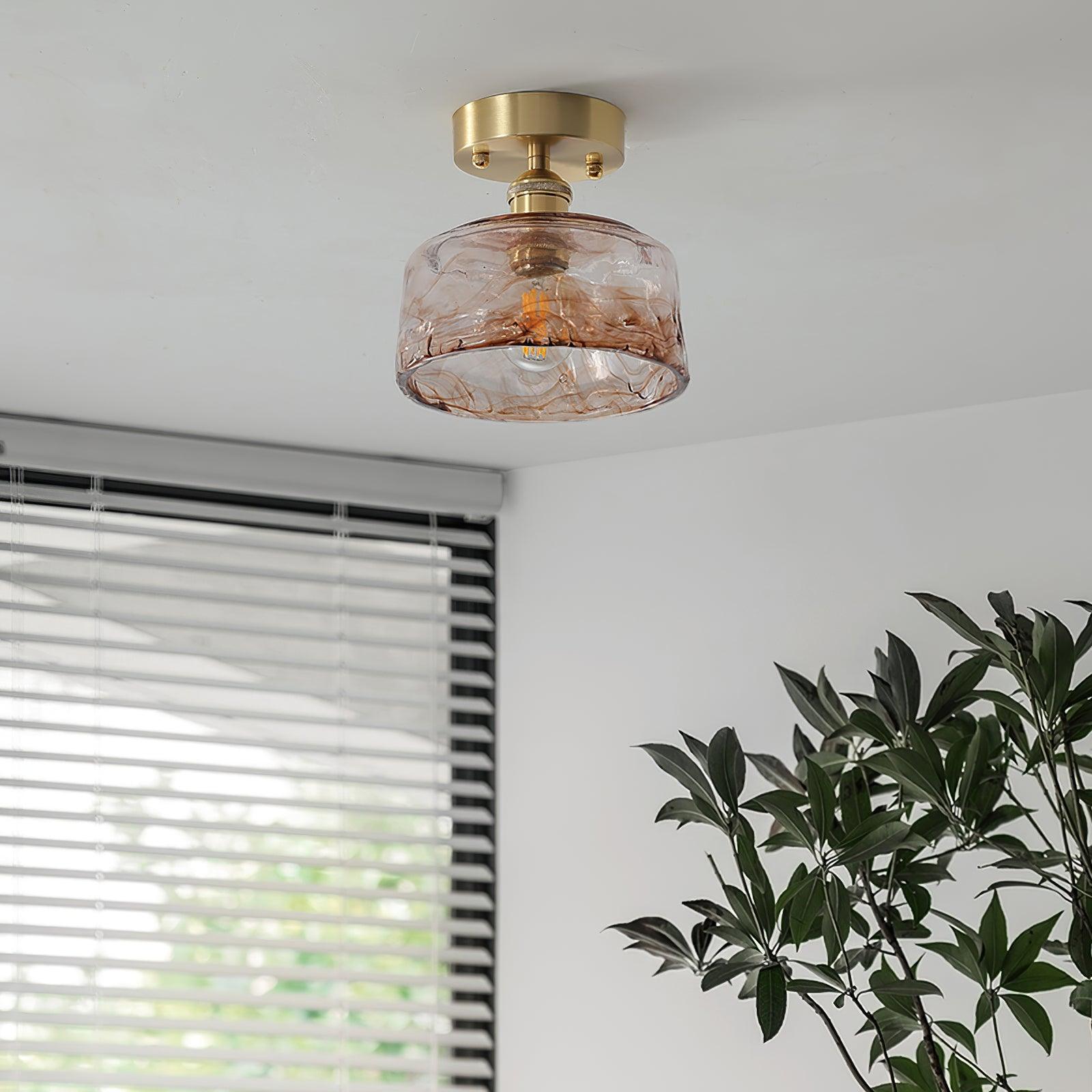 Lampe de Plafond Abat-jour en Verre Ambre Tourbillonné Laiton Industriel Vintage
