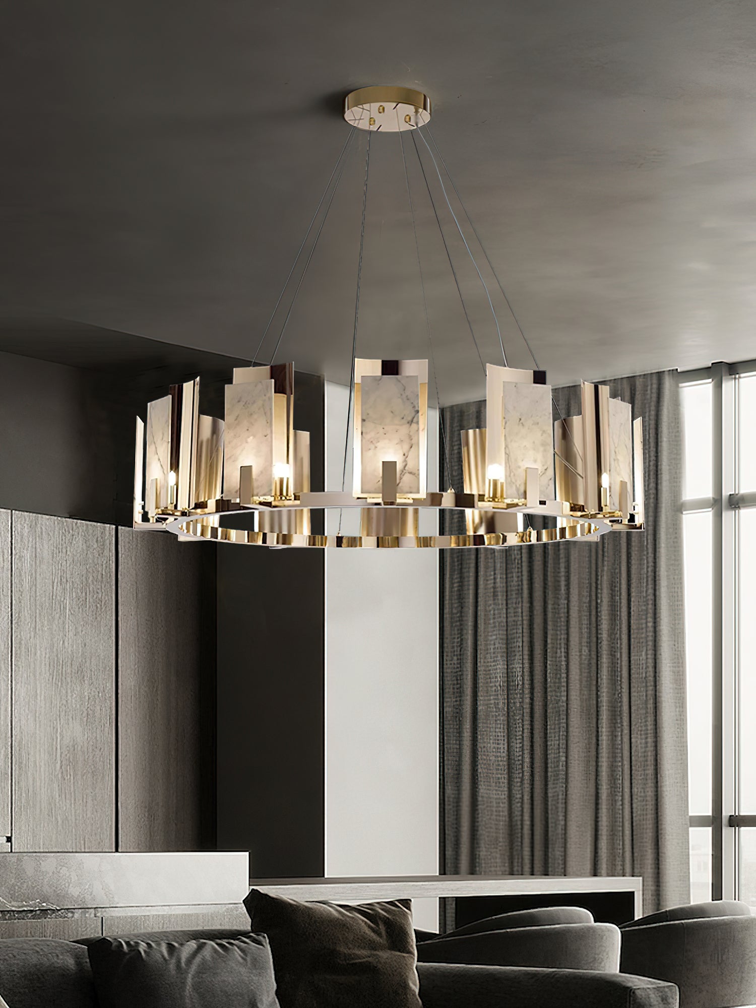 Nyraeila Lustre Métal Albâtre Rond Luxe Postmoderne