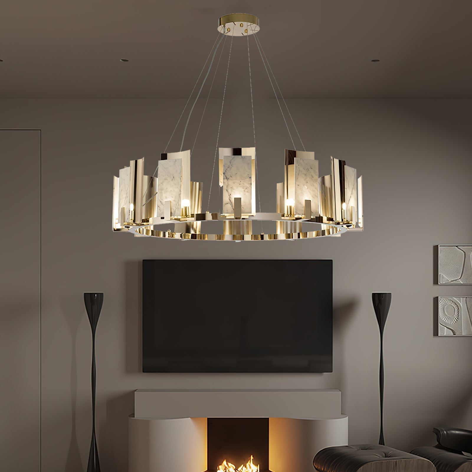 Nyraeila Lustre Métal Albâtre Rond Luxe Postmoderne