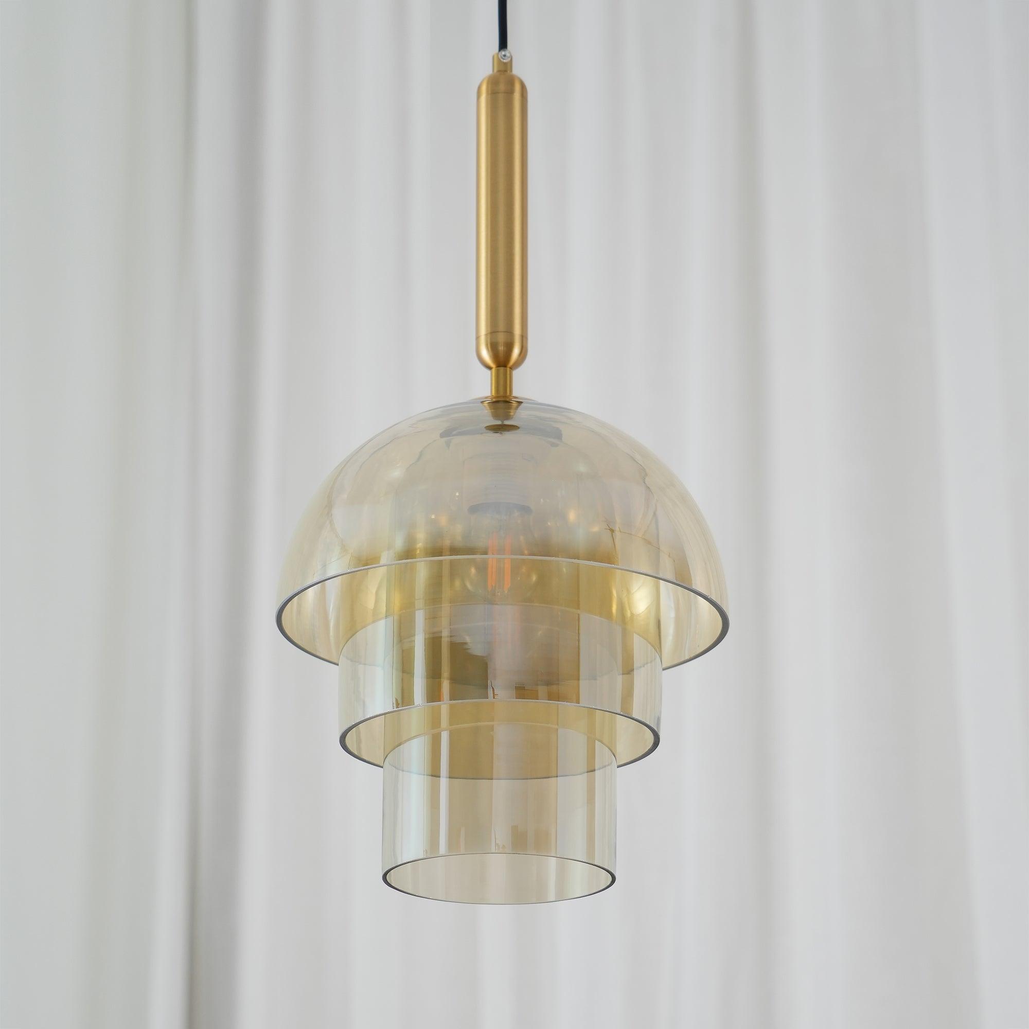 Solara Suspension en Verre Cognac Dôme Laiton Mid-Century