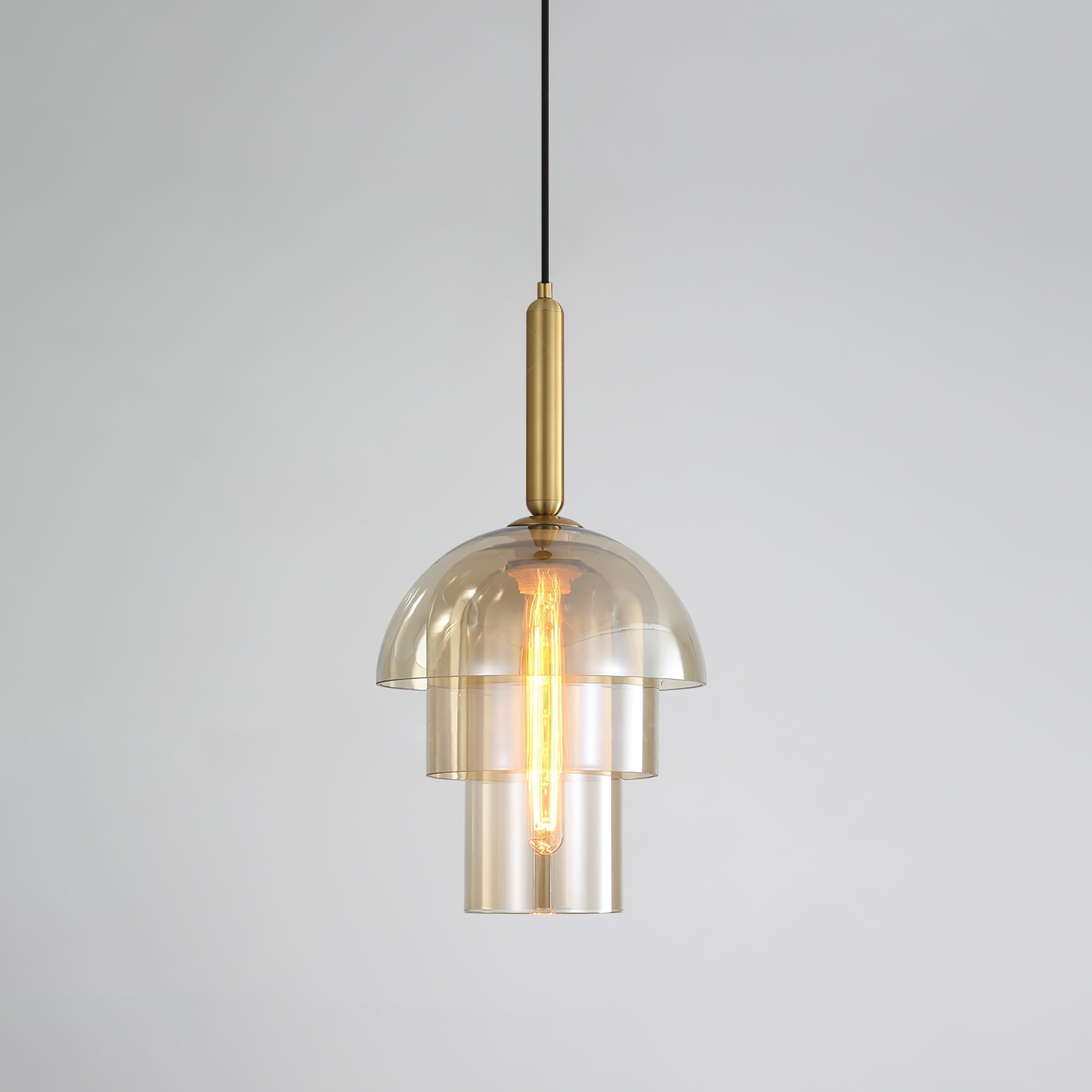 Solara Suspension en Verre Cognac Dôme Laiton Mid-Century