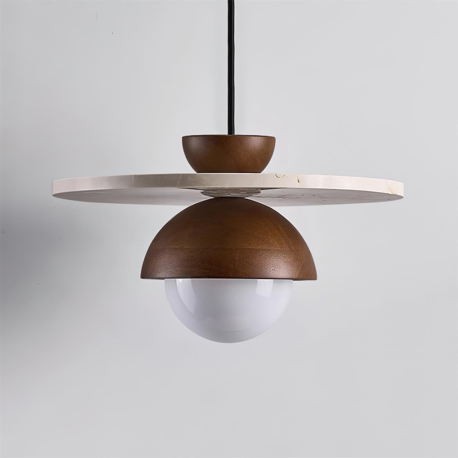 Virelli Suspension Globe en Verre Disque en Travertin Bois de Noyer Naturel