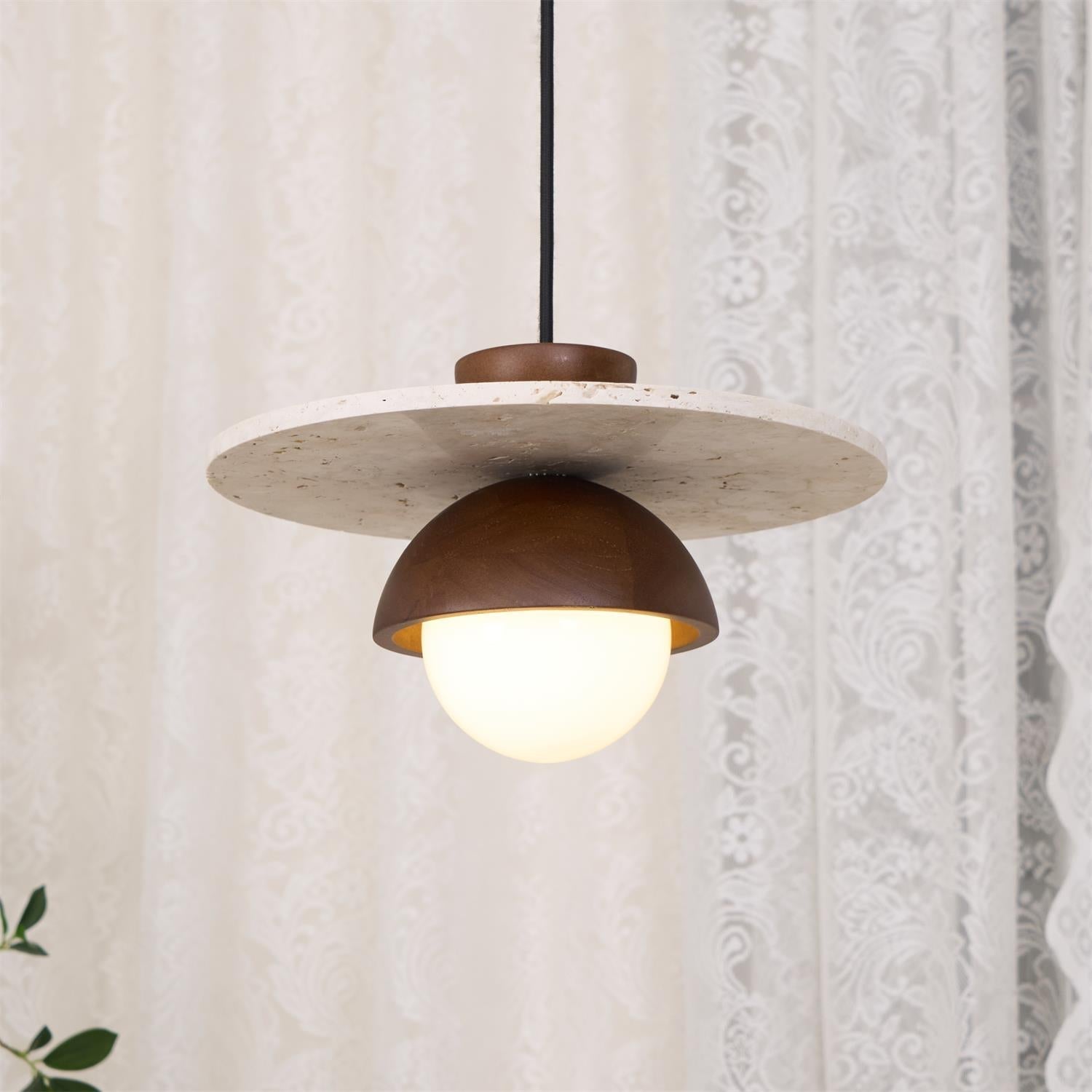 Virelli Suspension Globe en Verre Disque en Travertin Bois de Noyer Naturel