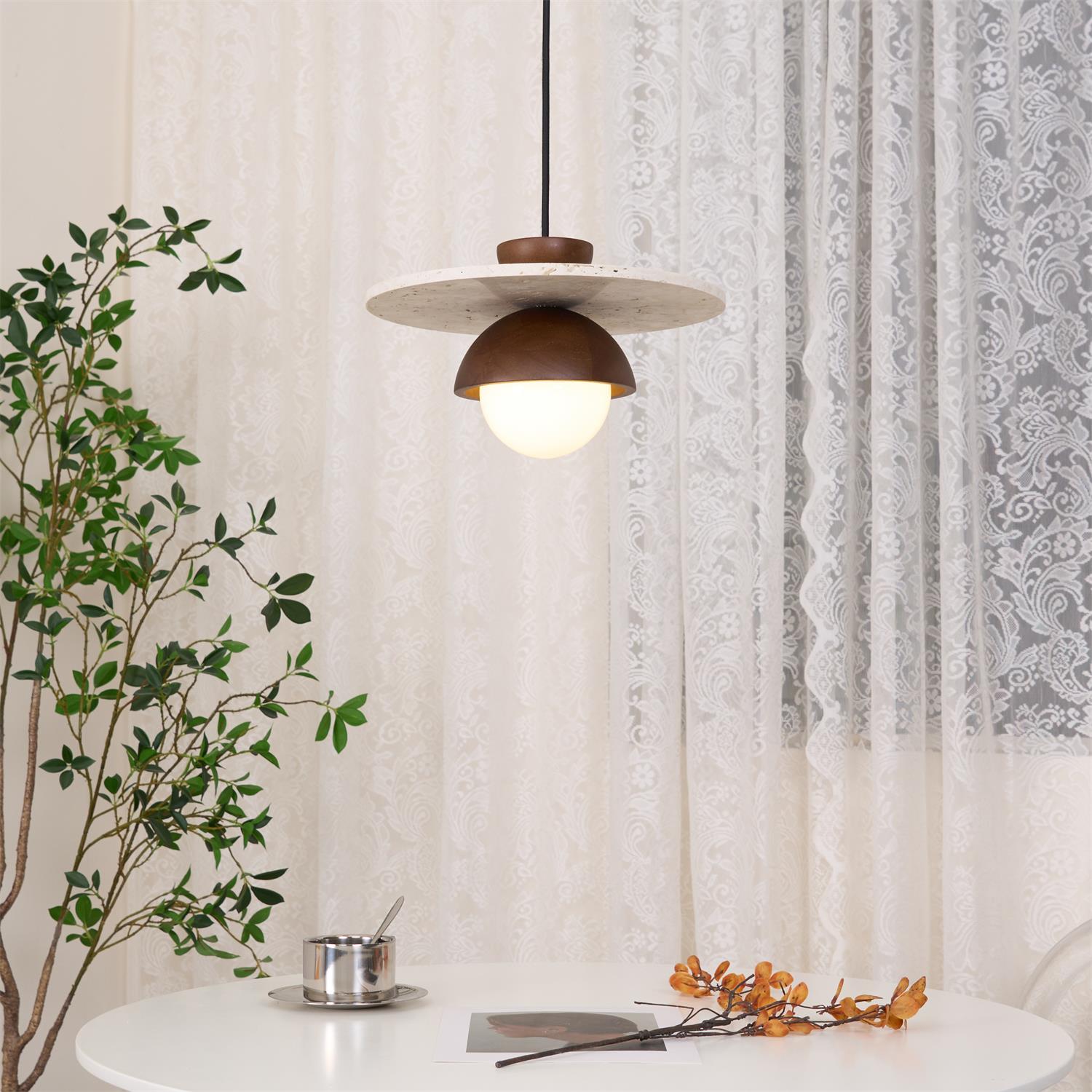 Virelli Suspension Globe en Verre Disque en Travertin Bois de Noyer Naturel