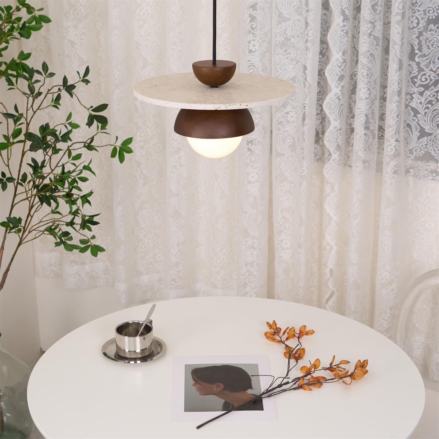 Virelli Suspension Globe en Verre Disque en Travertin Bois de Noyer Naturel