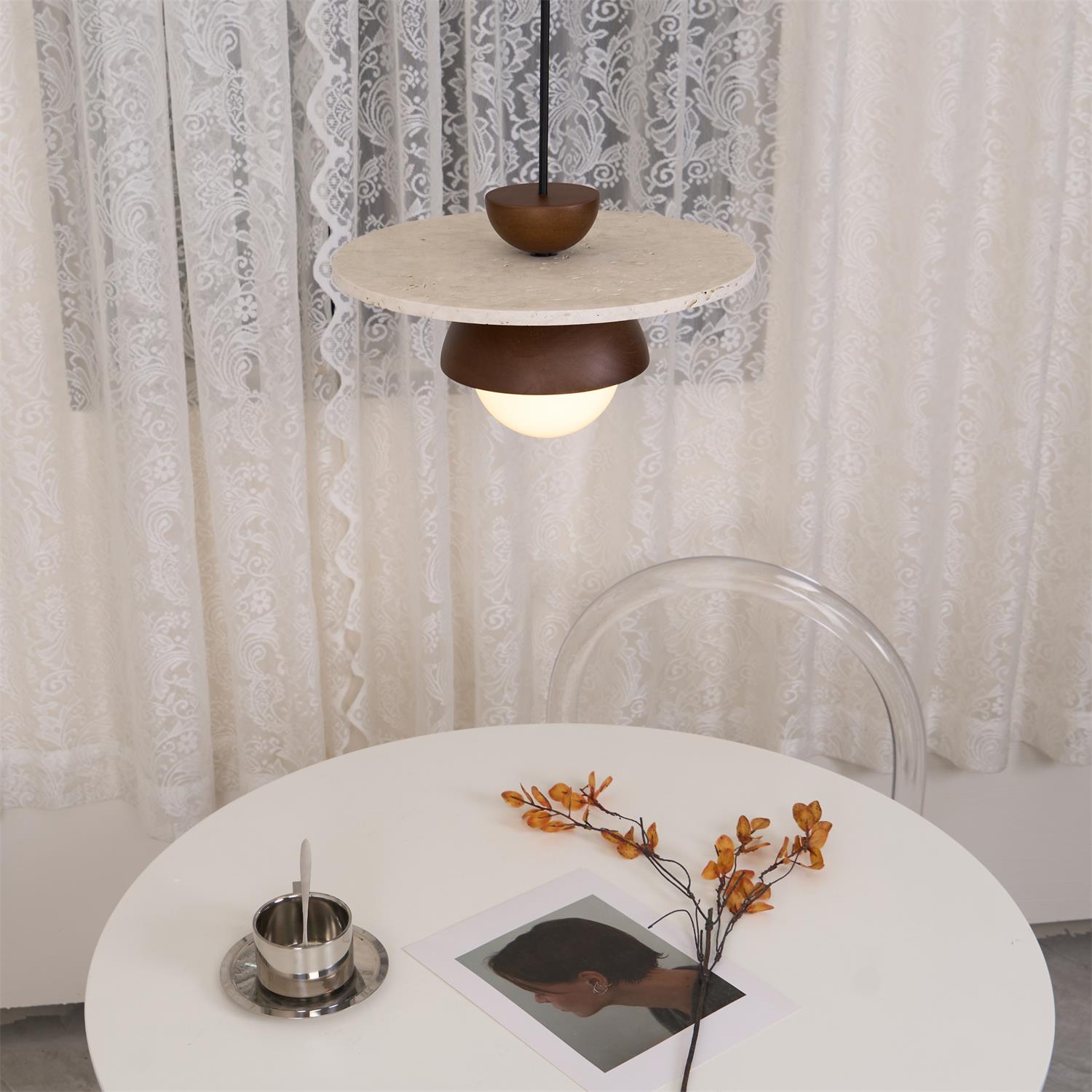 Virelli Suspension Globe en Verre Disque en Travertin Bois de Noyer Naturel