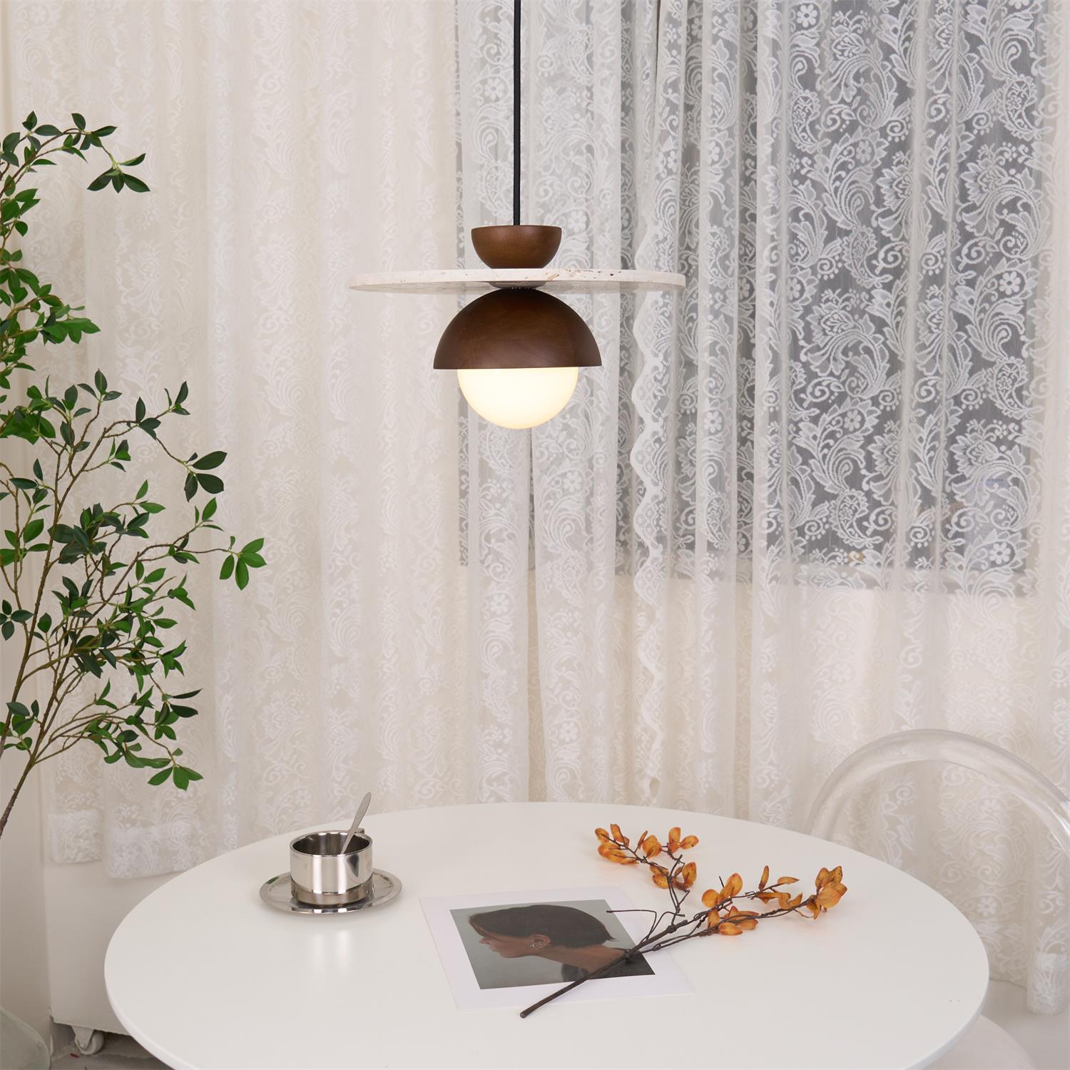 Virelli Suspension Globe en Verre Disque en Travertin Bois de Noyer Naturel