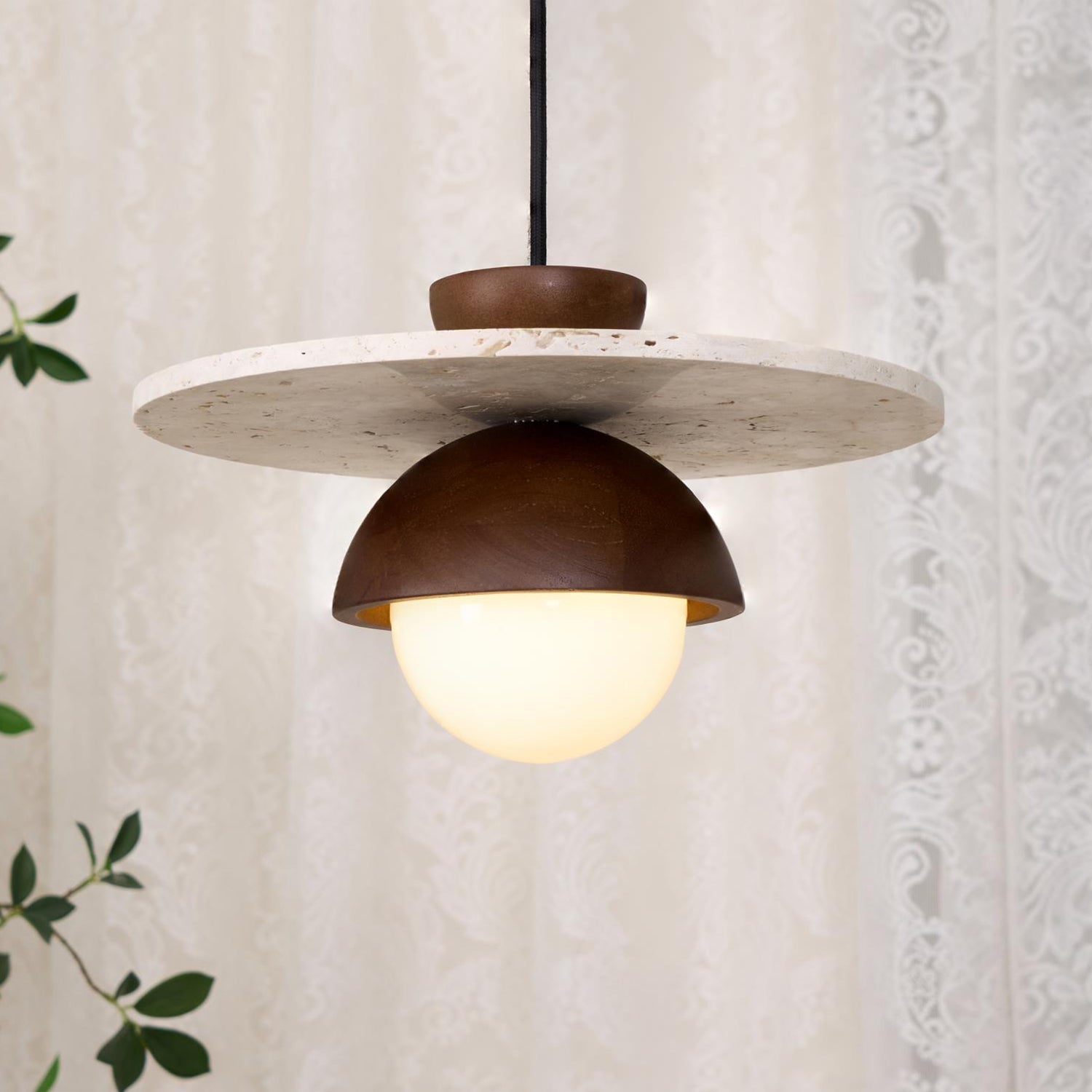 Virelli Suspension Globe en Verre Disque en Travertin Bois de Noyer Naturel