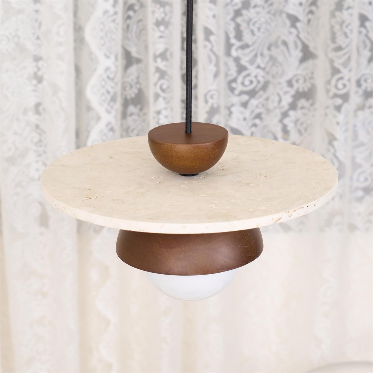 Virelli Suspension Globe en Verre Disque en Travertin Bois de Noyer Naturel