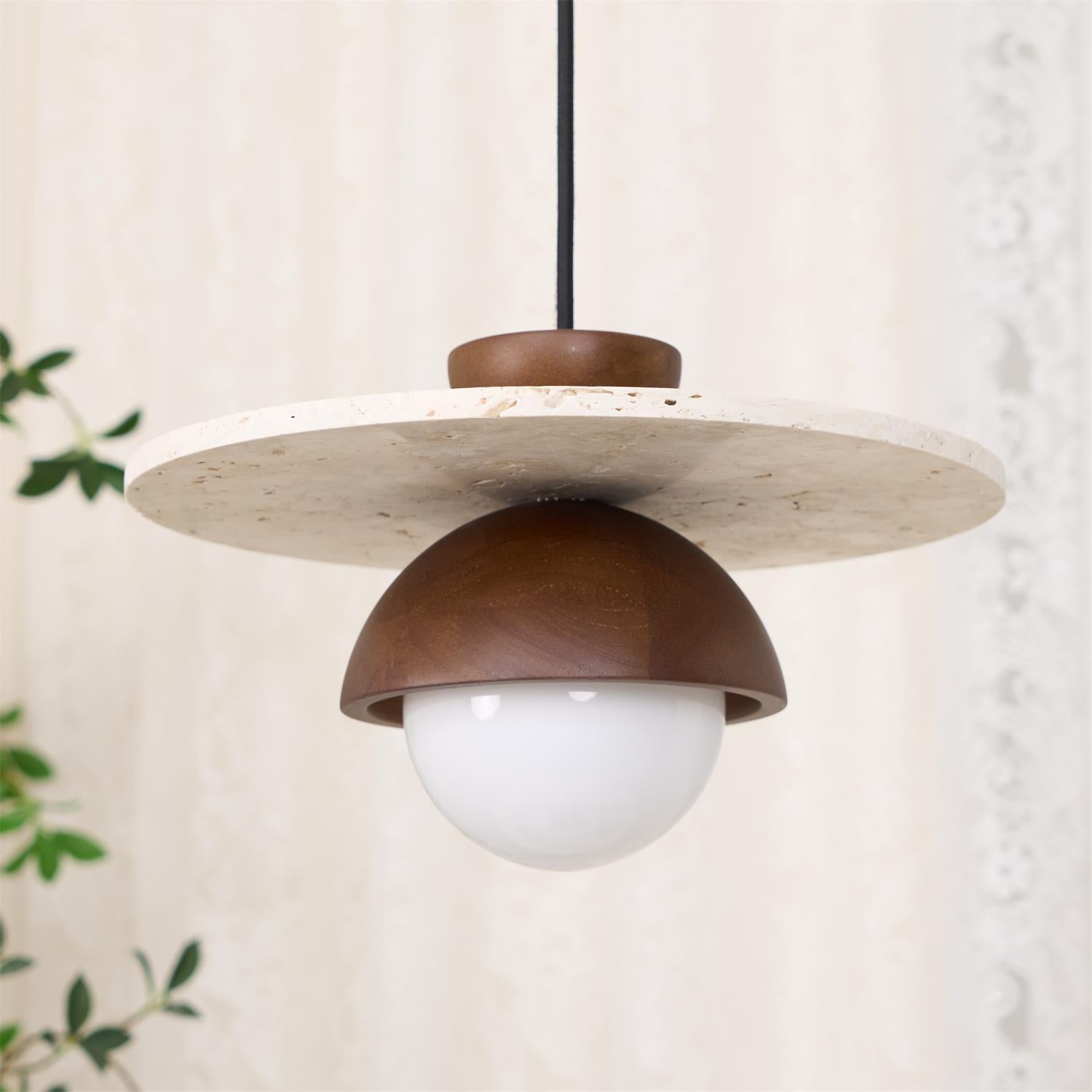 Virelli Suspension Globe en Verre Disque en Travertin Bois de Noyer Naturel