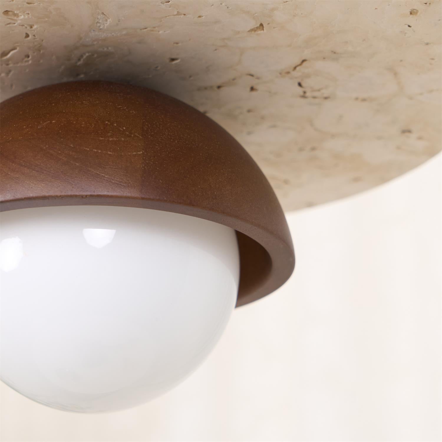 Virelli Suspension Globe en Verre Disque en Travertin Bois de Noyer Naturel