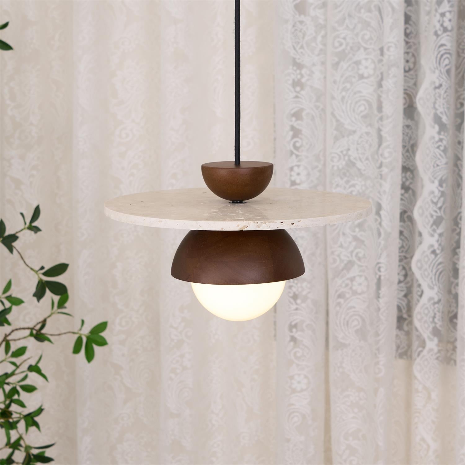 Virelli Suspension Globe en Verre Disque en Travertin Bois de Noyer Naturel