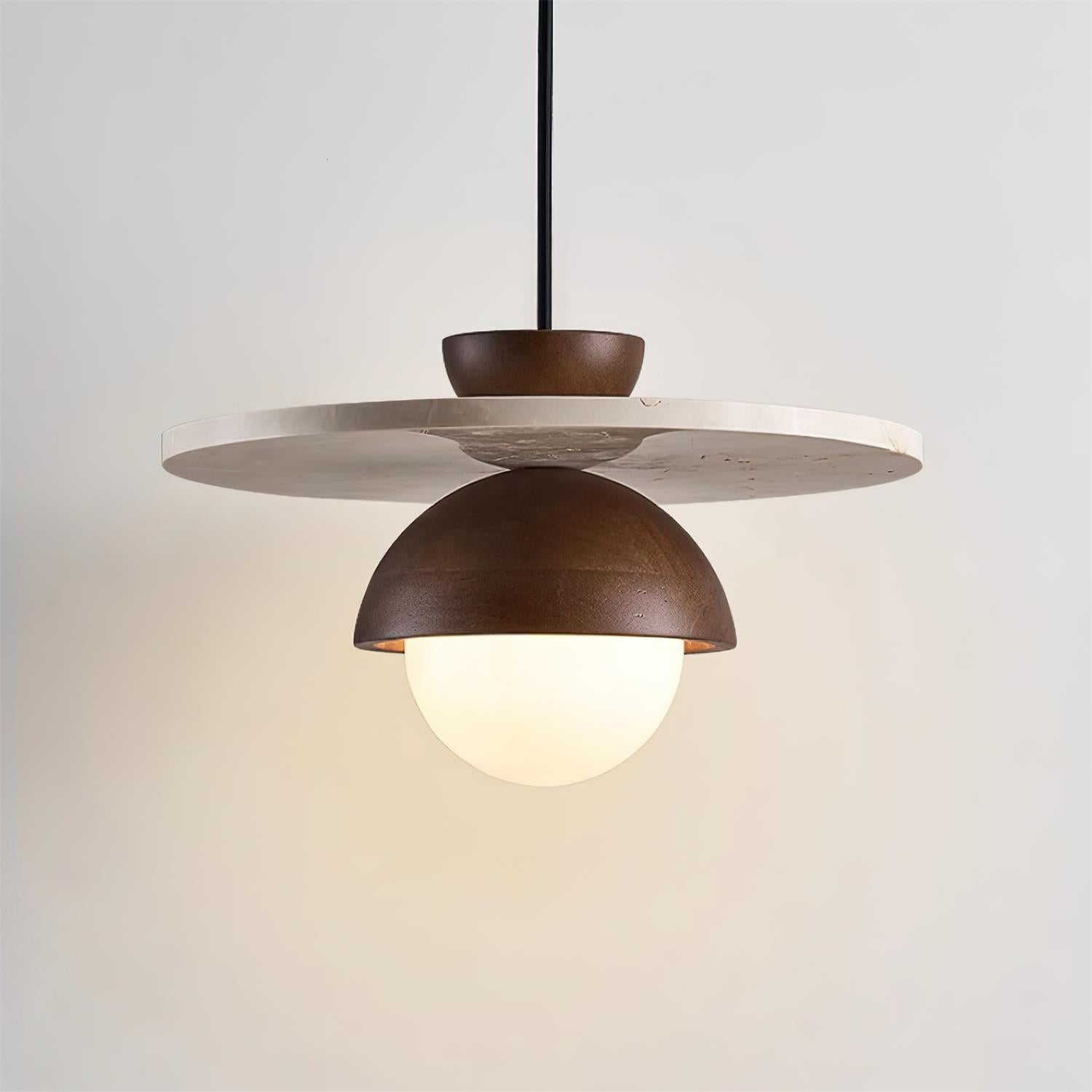 Virelli Suspension Globe en Verre Disque en Travertin Bois de Noyer Naturel