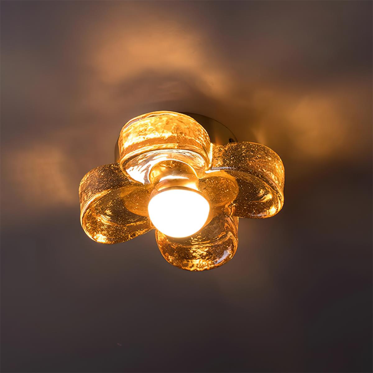 Lampe Plafond avec Pétales de Trèfle en Verre Ambre et Laiton Style Scandinave